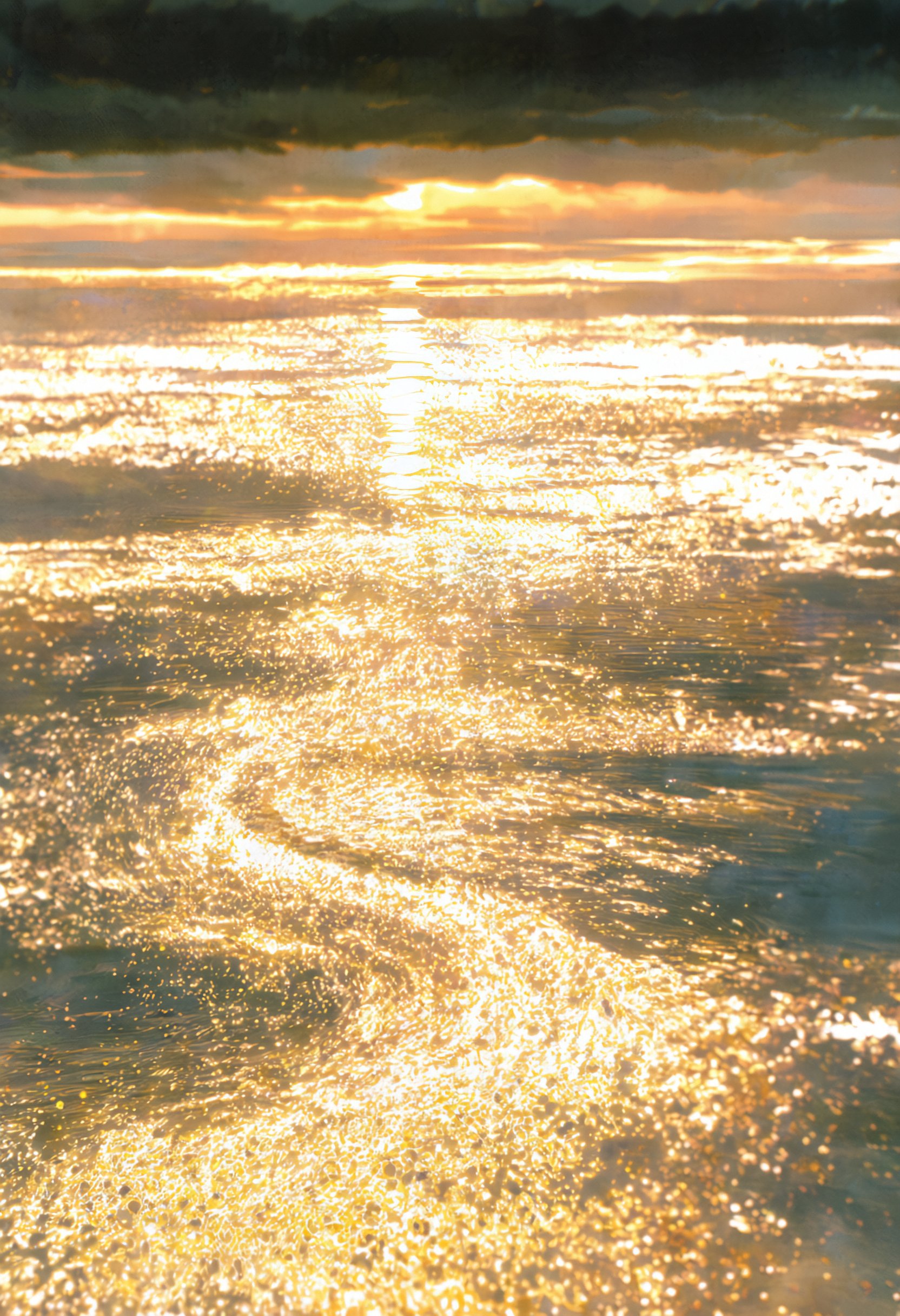 no humans,  wide scenic shot. A vast,  rippling lake during a breathtaking sunset. A gentle evening breeze creates thousan...