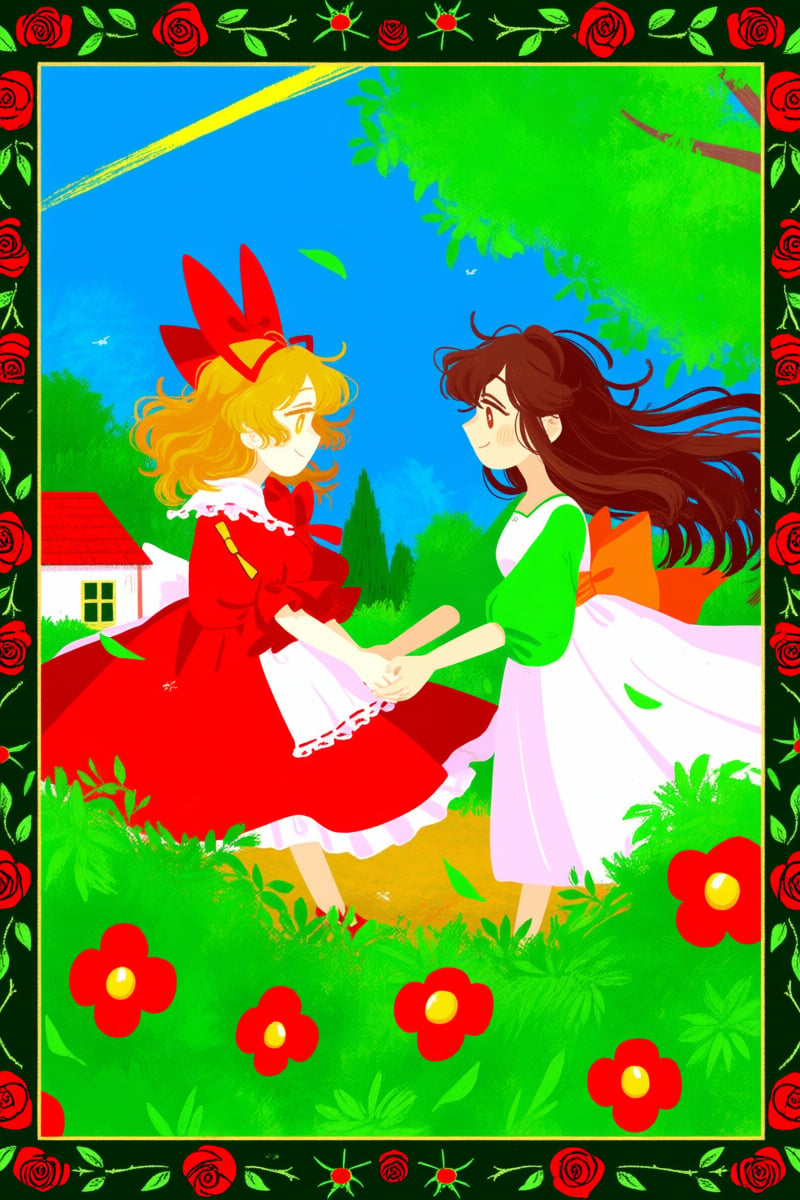@jsslnst,  Two women with long brown hair stand facing each other outdoors,  holding hands. The woman on the left wears a...