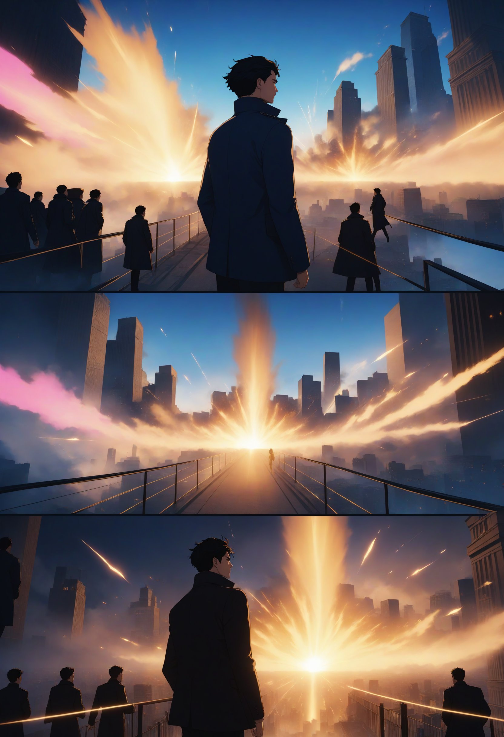 I was in heaven, or something. Except I was in hell, 4 panel comic strip, Angels and Demons Fighting, Joe is a dark haired city man, cityscape, explosions in the background, cyberpunk, rim lighting, best illustration, cinematic angle, cinematic lighting, foreshortening, extremely detailed, intricate, absurdres, masterpiece, official art, Lut_BluPink