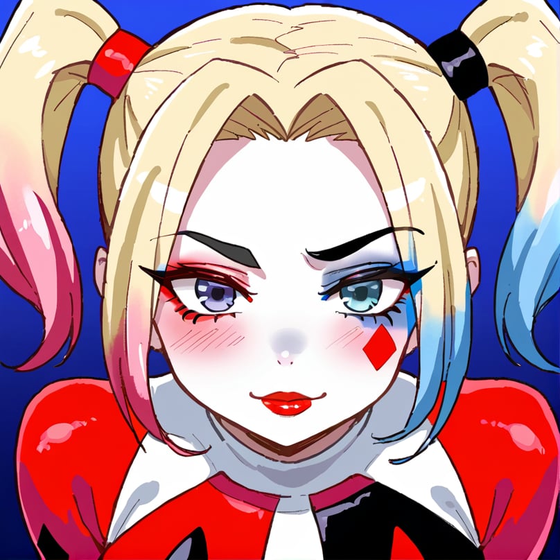 harley quinn, harley_quinn,face closeup, anime,manga,illustration,cartoon,animation,[anime eyes],