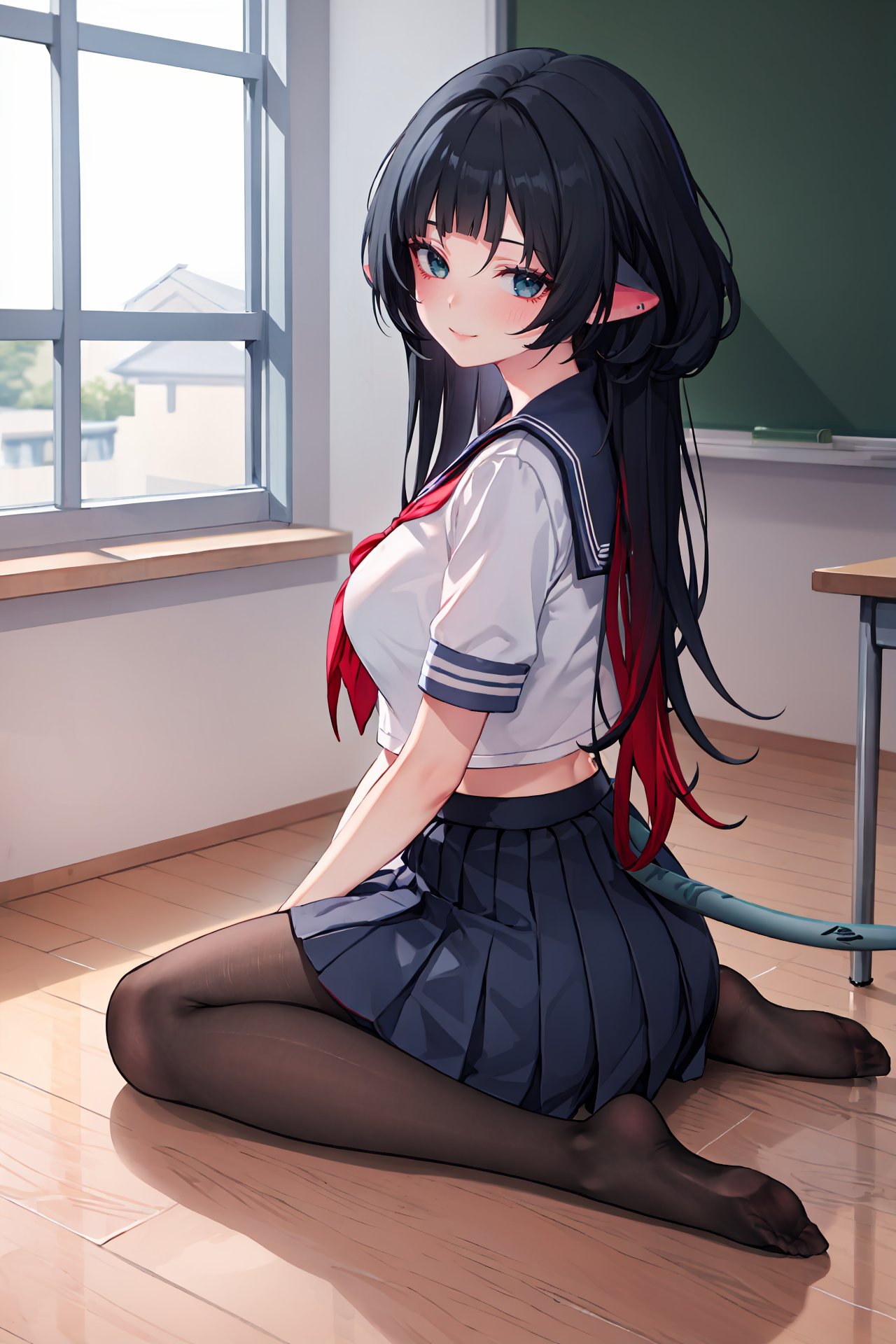 1girl, jane doe \(zenless zone zero\), long hair, solo, serafuku, sailor collar, pleated skirt,  pantyhose, no shoes, looking at viewer, light smile, full body, sitting, wariza, classroom, indoors, depth of field, tail