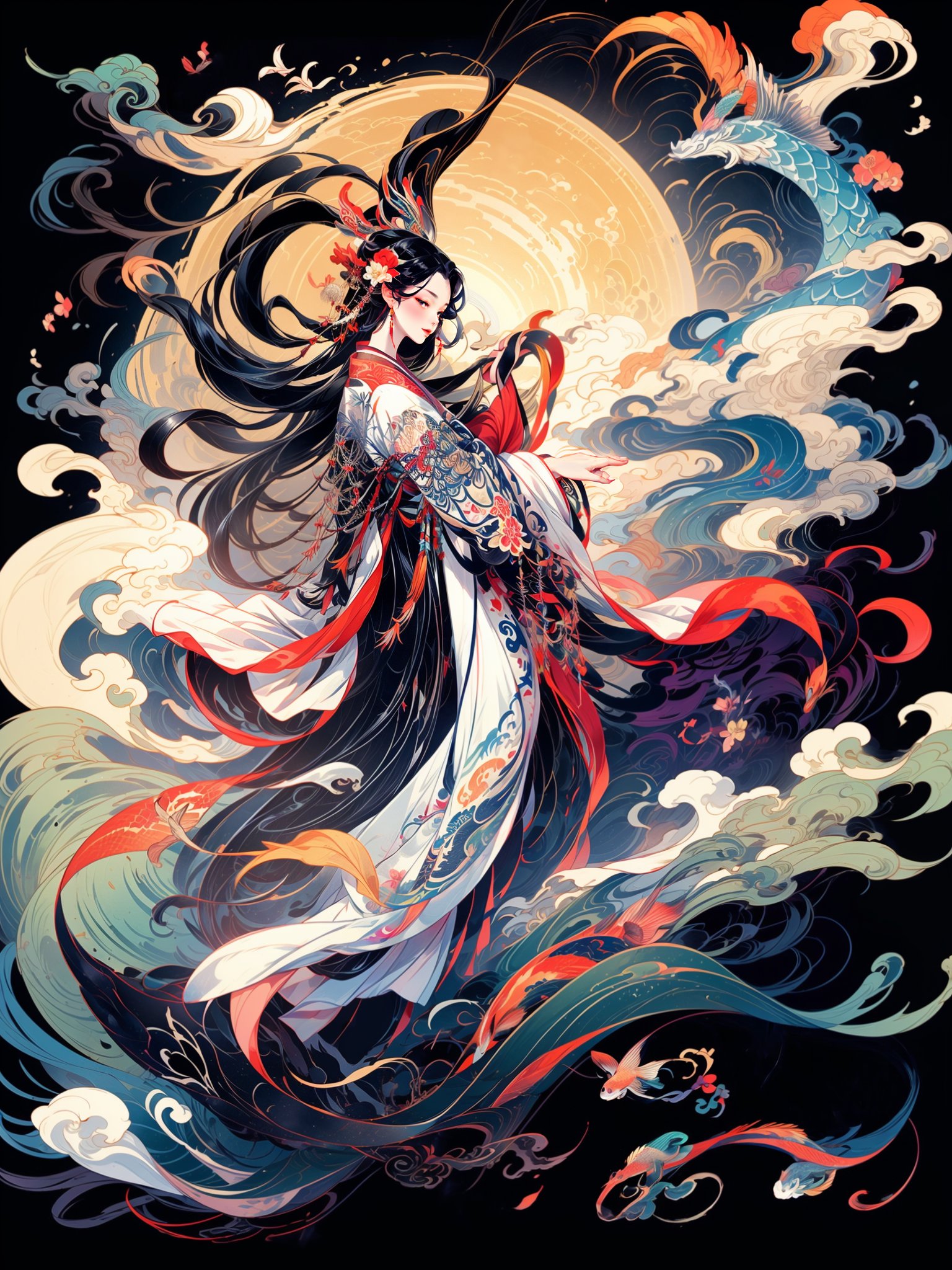 HTTP,HTTP2, 1girl, long hair, black hair, hanfu, waves, eastern dragon, dragon, solo, very long hair, fine art parody, sun, fish<lora:HTTP_20231214132158:1> <lora:more_details:0.6>