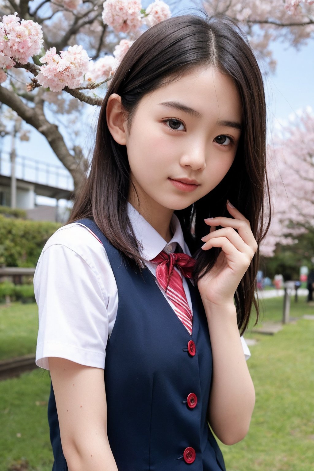 1girl,upper body,outdoor,school uniform,under the peach blossom tree with many flowers blooming again