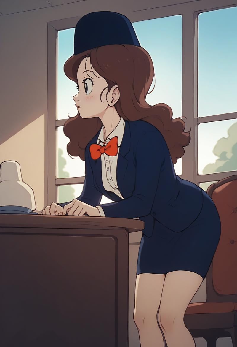 score_9, score_8_up, score_7_up, score_6_up, <lora:DBExtraGirl03FFA:0.9>, DBExtraGirl03FFA, brown hair, long hair, black eyes, breasts,attendant hat, blue jacket, white collared shirt, red bowtie, skirt, suit,standing, full body, looking away, leaning forward, table,BREAK indoors, window, blue sky, 