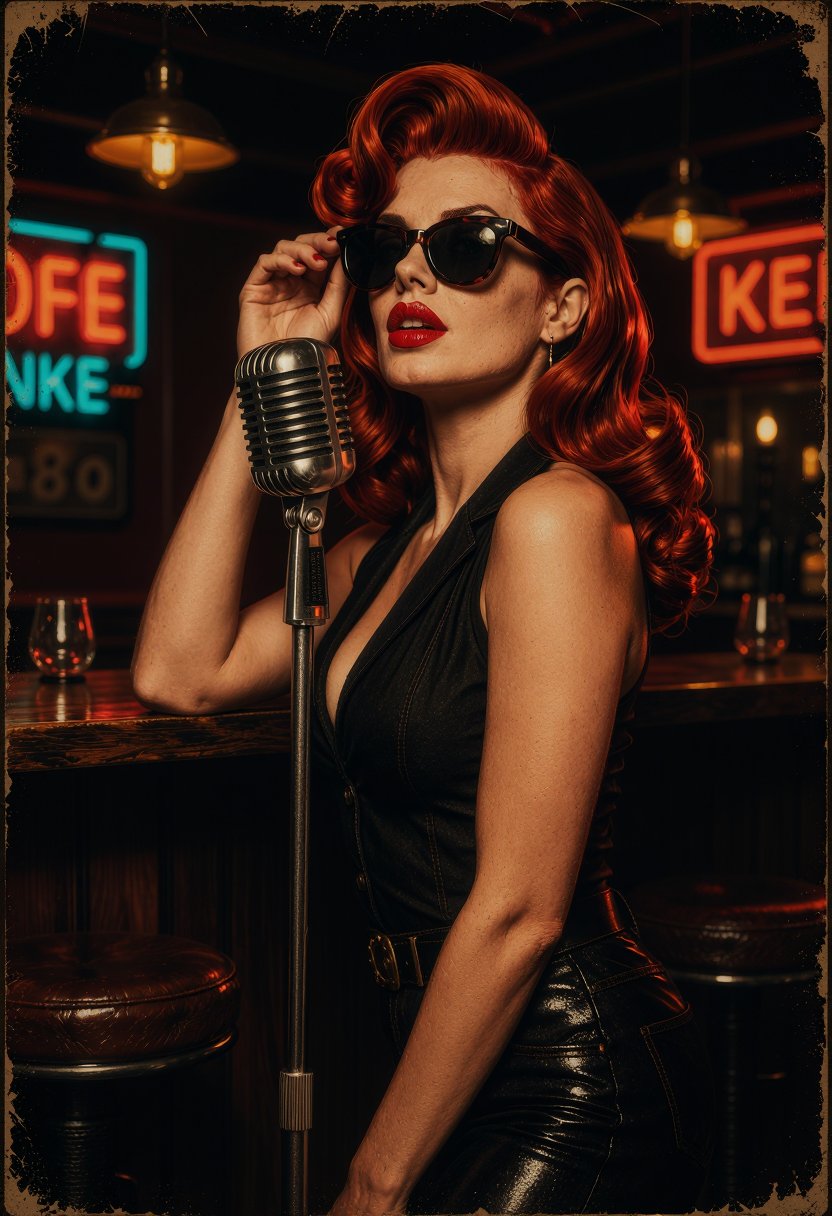 occult,  rockabilly_morph,  A striking rockabilly pin-up singer in a moody retro club interior by inknoir on Tensor.Art