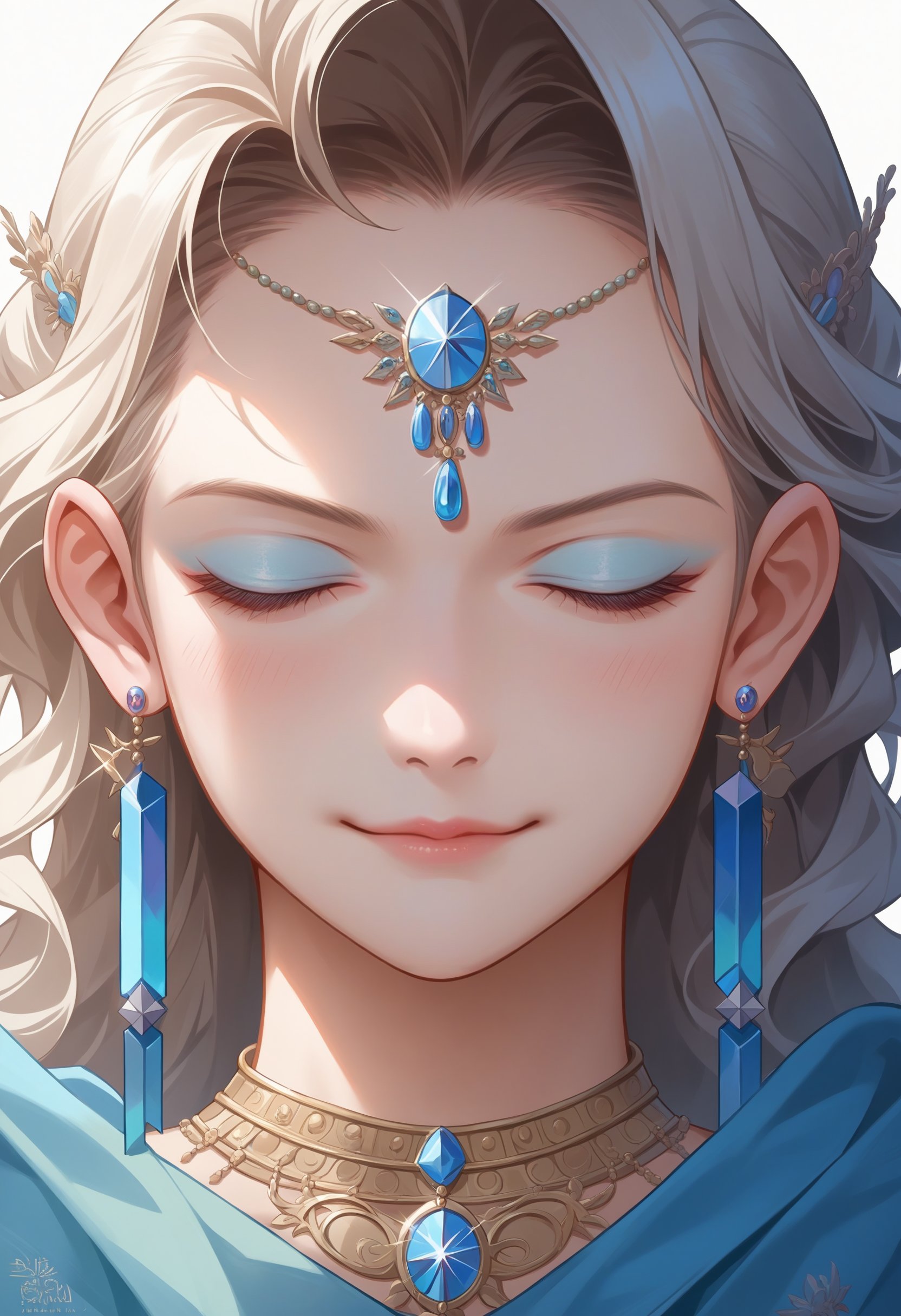 score_9, score_8_up, source_anime, female, full display of baroque style jewelry design, a pair of earrings, [blue gemstones::0.2], [diamonds::0.2], highly detailed vray render, flash, high quality, 18k, eyes closed, mouth closed, blue eyeliner, light smile, three-quarter portrait, white background, 