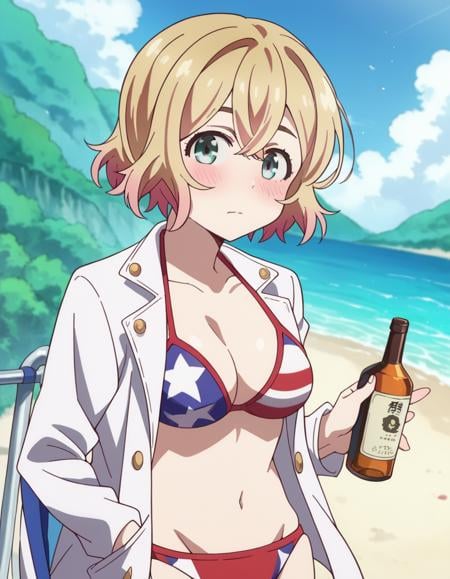 score_9, score_8_up, score_7_up, source_anime,maminanami, <lora:mami-nanami-s1-ponyxl-lora-nochekaiser:1>mami nanami, short hair, aqua eyes, blonde hair, hair between eyes,navel, jacket, swimsuit, bikini, white jacket, flag print, american flag bikini,outdoors, beach, on side, blush, drunk,looking at viewer, dutch angle, cowboy shot