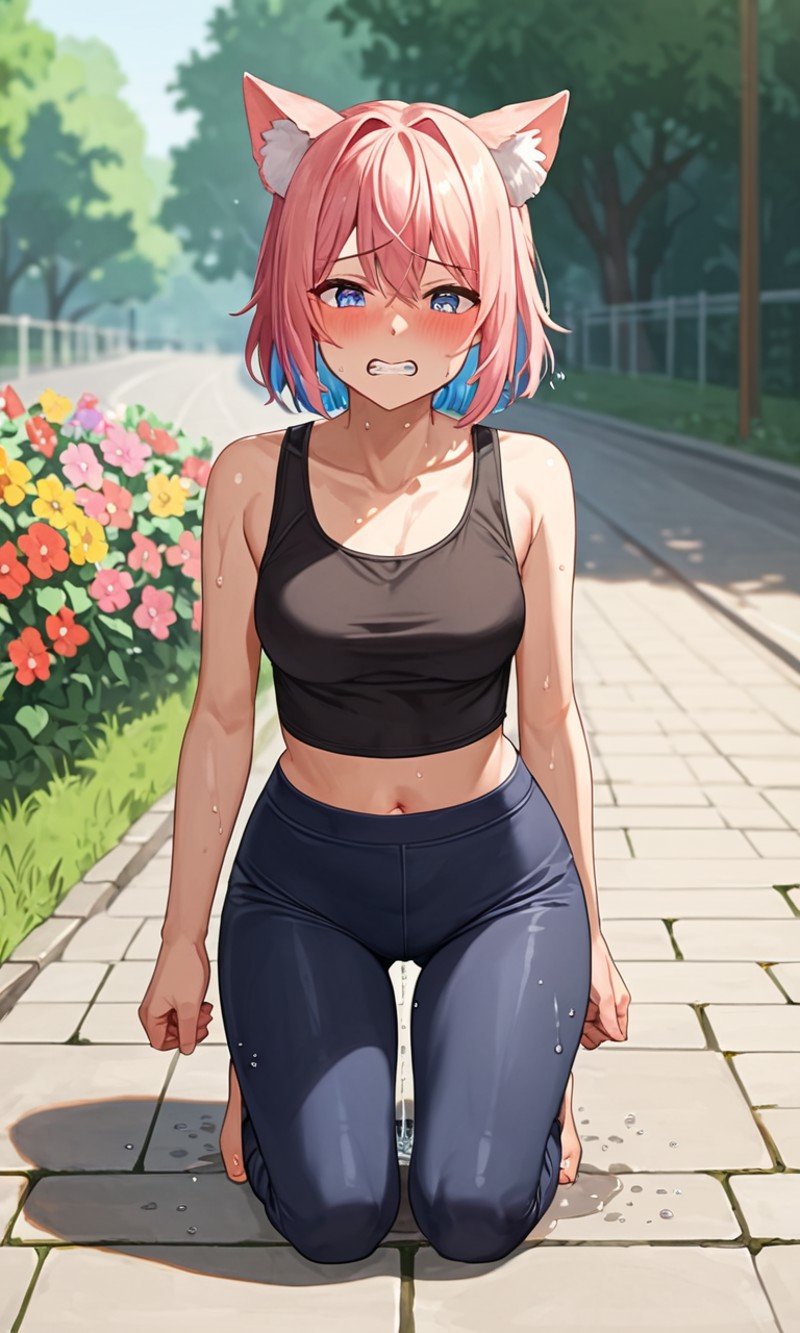 score_9, score_8_up, score_7_up, 1girl, animal ears, colored hair, tight pants, crop top, crouches down, standing front view, pain, struggle, trembling, sweat, clenching teeth, pissing her pants, pee puddle, blush, rating_explicit, outdoor, sunlight, flowers around,  