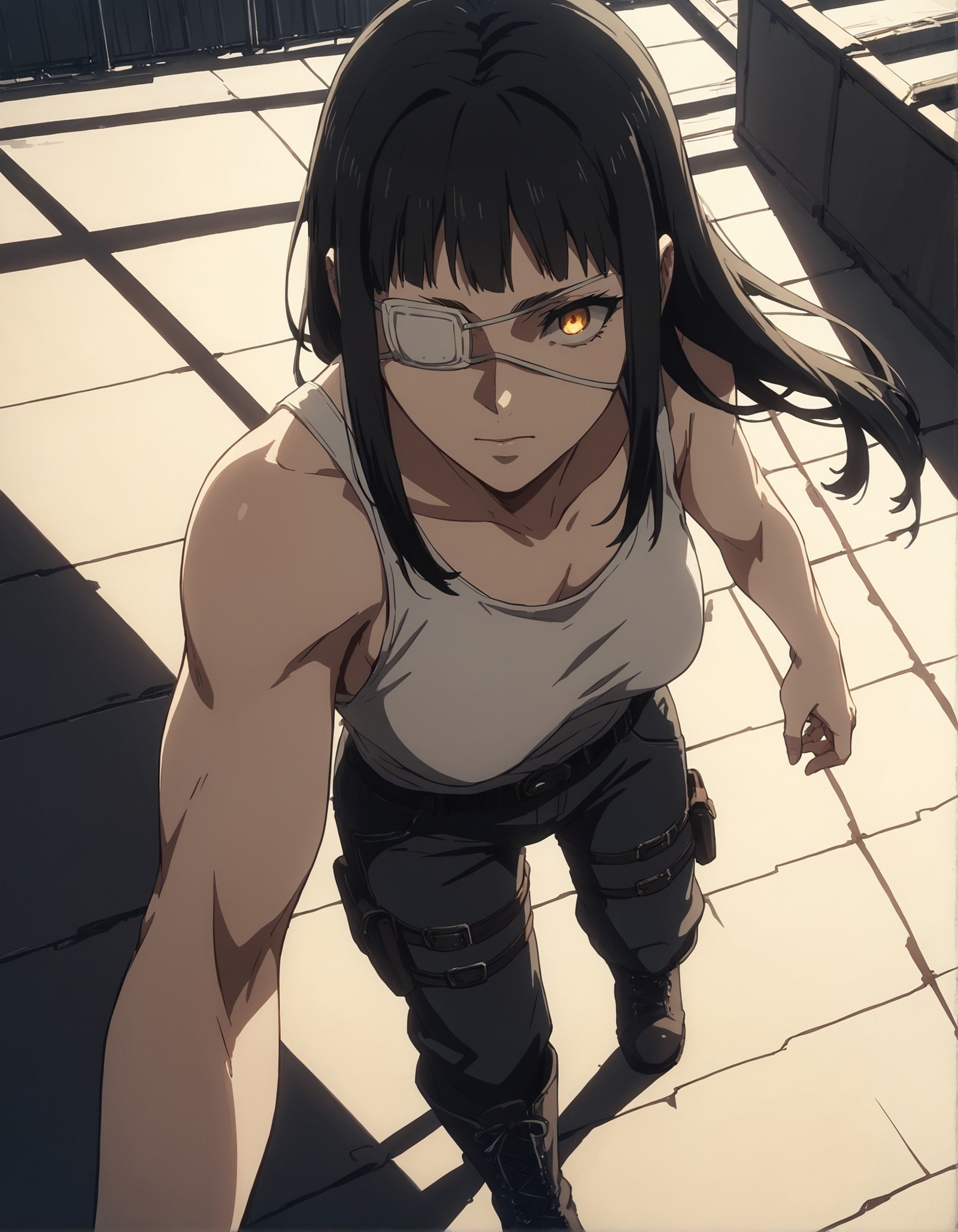 score_9, score_8_up, score_7_up,score_6_up,high resolution,source_anime,s0fiavalm3t,1girl,eyepatch,black hair,long hair,tank top,pants,boots,on a rooftop,volumetric lighting,rim lighting,dof,dramatic shadow,close-up,dynamic pose,looking at viewer,pov,suspended in air