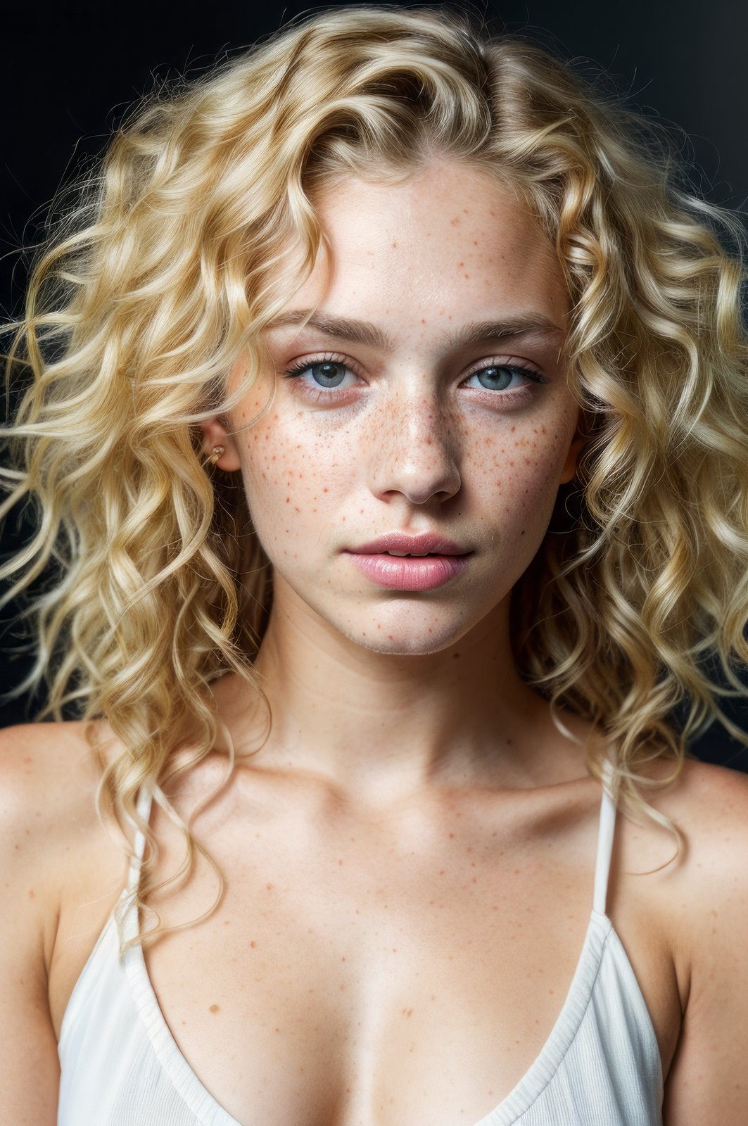 a photo portrait of a beautiful girl with curls and lots of freckles, (dirty blonde hair), (face portrait:1.5), dramatic light , Rembrandt lighting scheme, (hyperrealism:1.2), (8K UHD:1.2), (photorealistic:1.2), shot with Canon EOS 5D Mark IV, detailed face, detailed hair