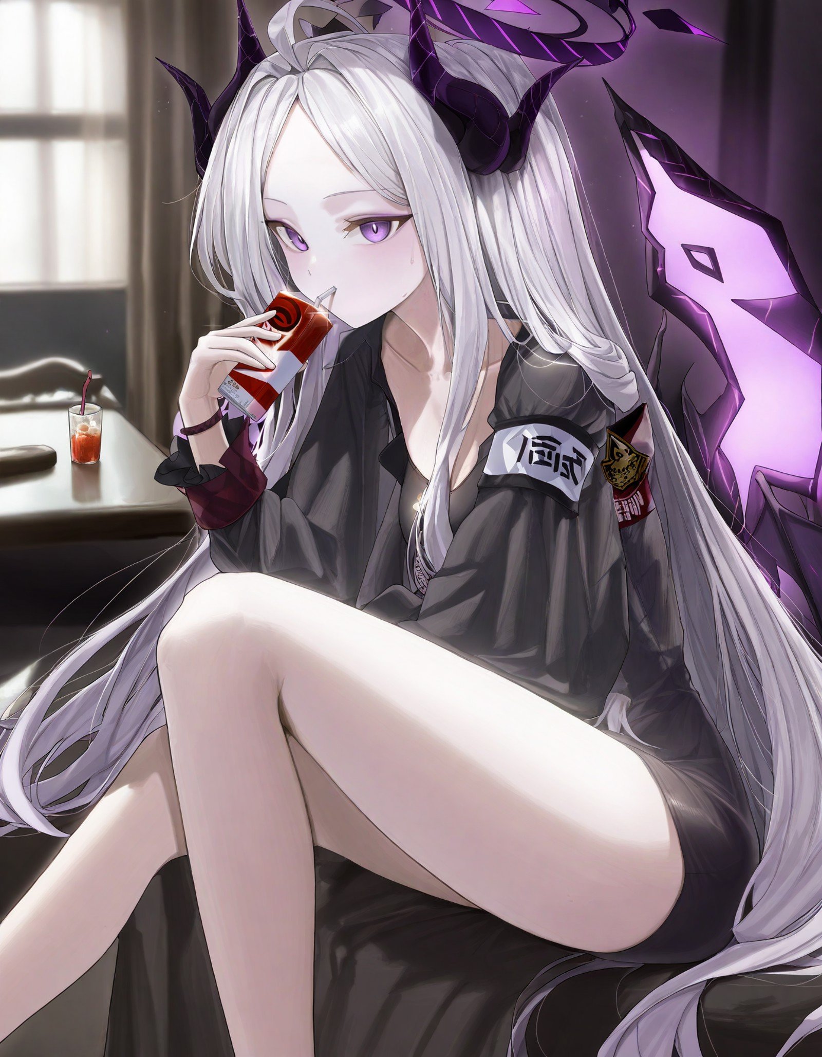 1girl, solo, holding a juice box, drinking straw in mouth, sitting, looking at viewer, long sleeves, very long hair, purple eyes, collarbone, purple hair, ahoge, horns, sleeves past wrists, parted bangs, black shirt, bare legs, feet out of frame, halo, armband, hina \(blue archive\), amazing quality, masterpiece, detailed 4k illustration, detailed, <lora:kren:1>