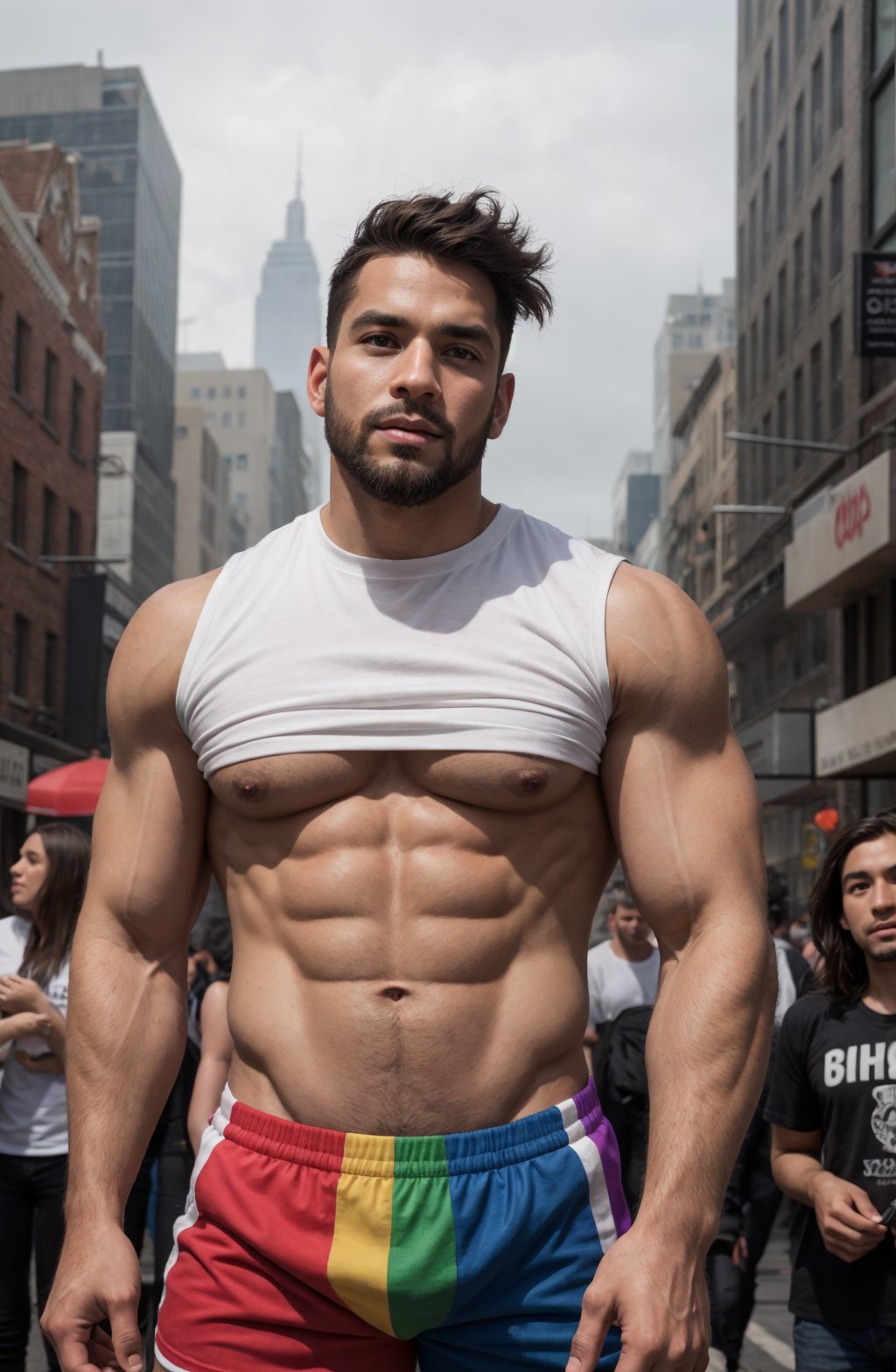 1 black man, realistic, best quality, male focus, group, looking at viewer, crop top, rainbow, colorful outfit, casual outfit, masterpiece, massive pecs, massive arms, massive pecs hair, beard, volumetric lighting, pride parade, pride flags, city surrounded by swirling mist background, bara. The painting is rich in detail, with every brushstroke bringing the scene to life, The colors are deep and vibrant, evoking a sense of otherworldly energy