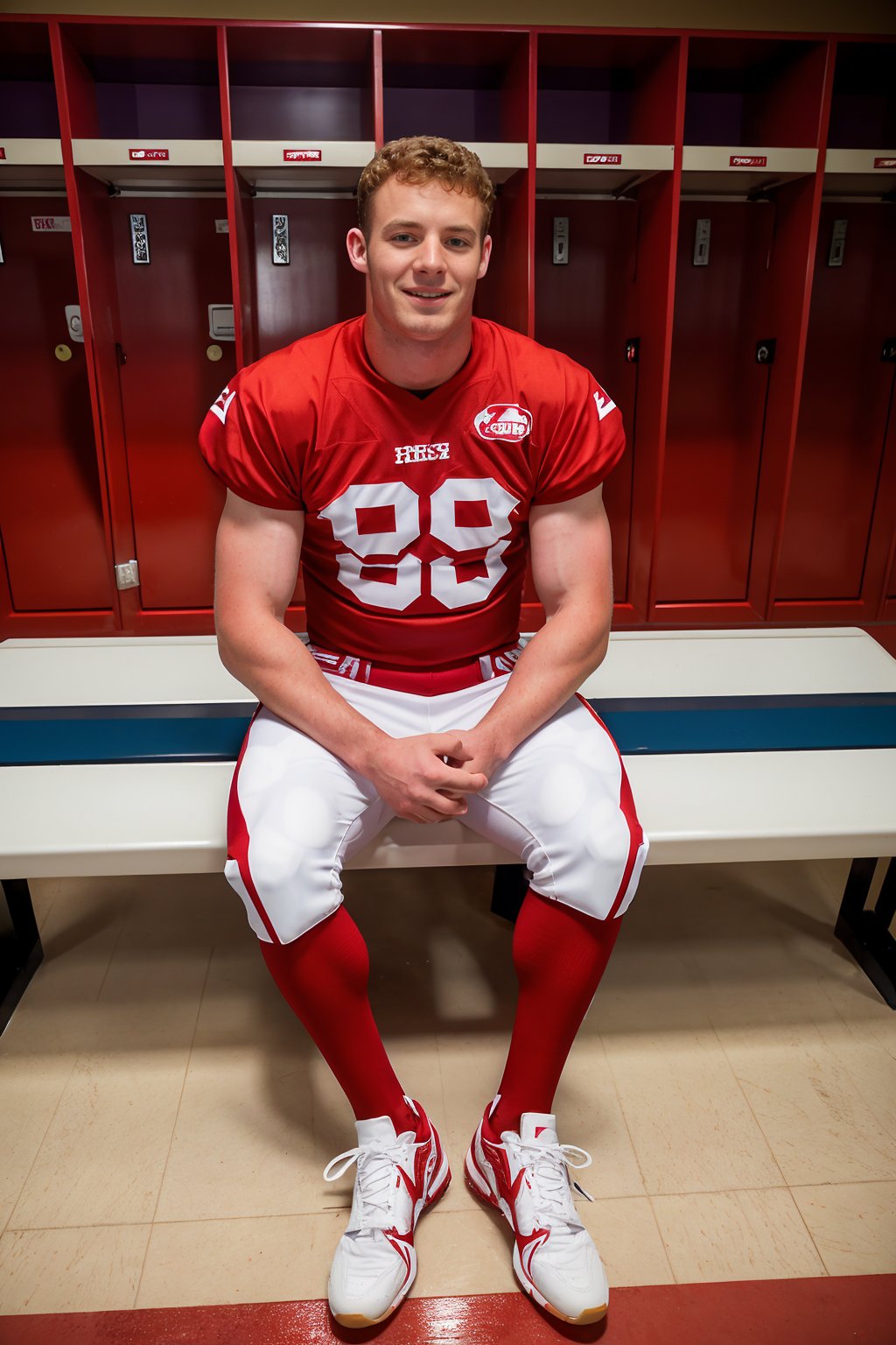 locker room,  lockers in the background,  sitting on a bench by txhorn75 on Tensor.Art