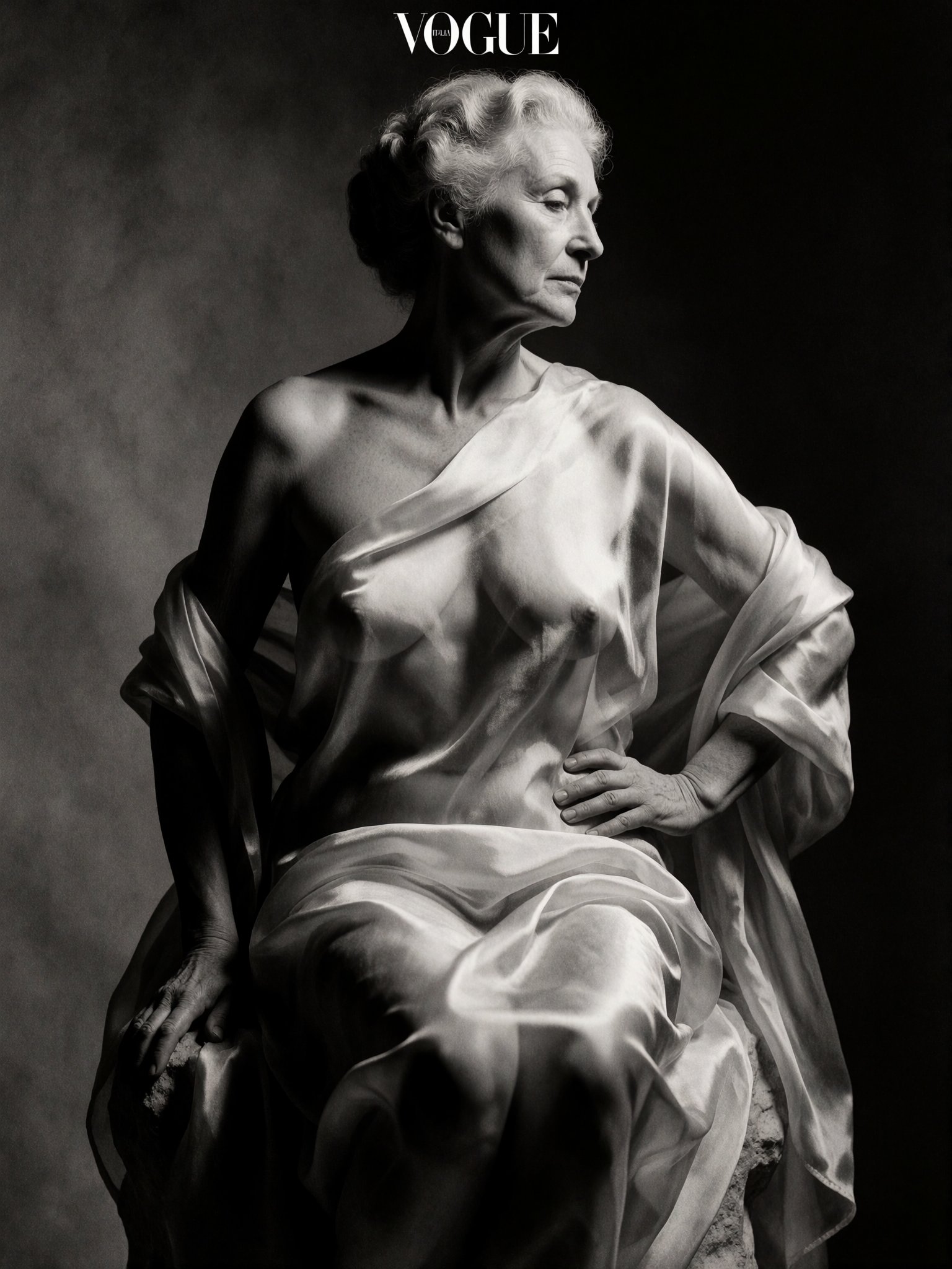 Artistic nude photography of mature woman with elegant curves,  draped in translucent silk,  Rembrandt lighting by inknoir...