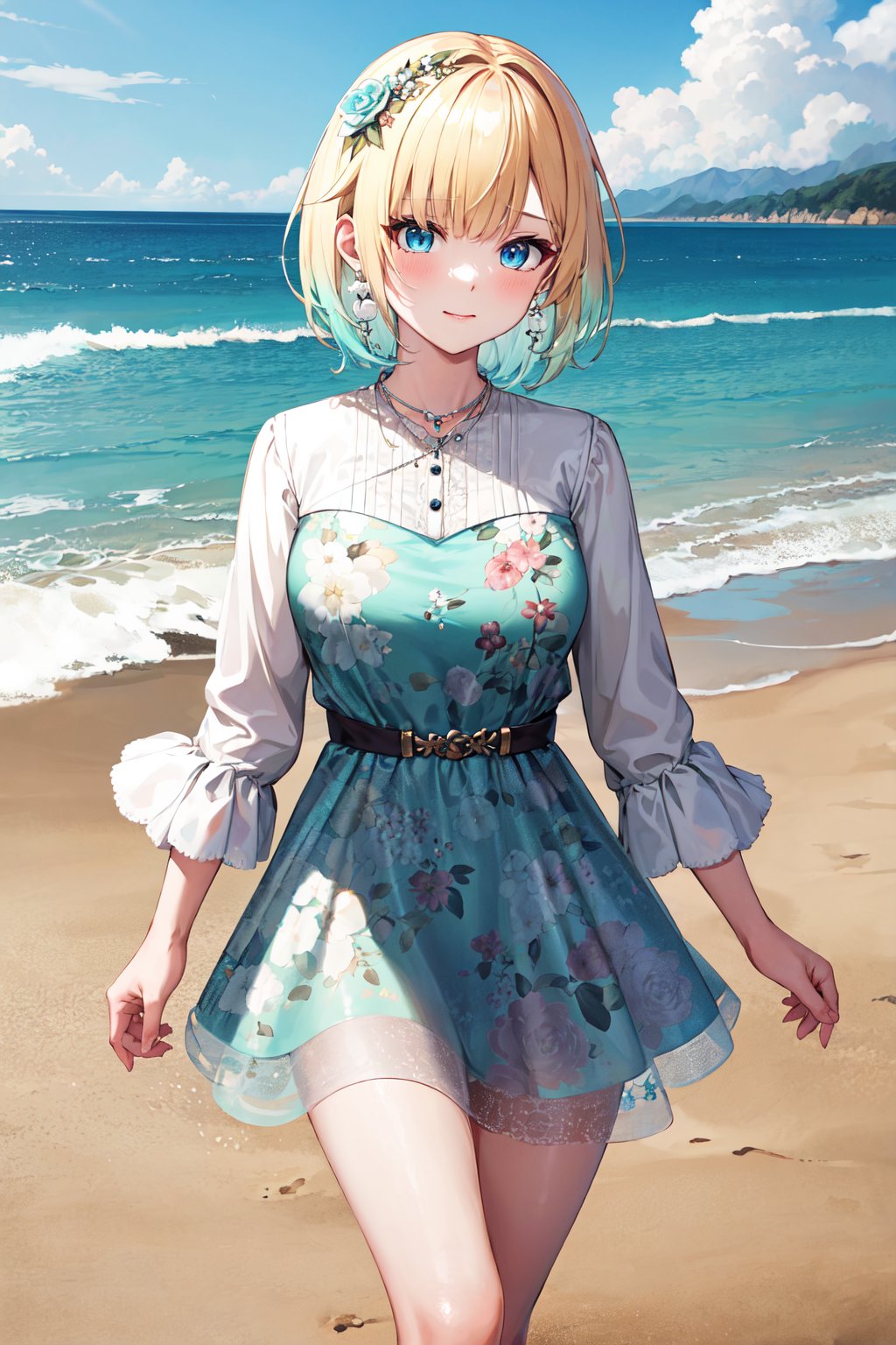 masterpiece, best quality, highres, aaema, short hair, gradient hair, hair flower, earrings, necklace, white shirt, print dress, aqua dressbelt, floral print, long sleeves, <lora:aizawa_ema_v1:0.7>, beach, walking, wind, cowboy shot, 