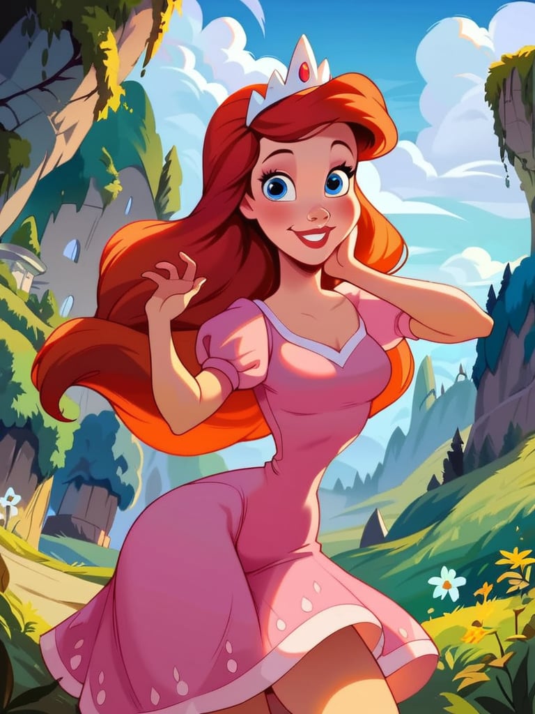 score_9, score_8_up, score_7_up, score_6_up, ArielWaifu walking in a castle, hills, vegetation, leaning forward, cute pose, medium breasts, narrow waist, wide hips, thick thighs, smile, blue eyes, pink dress, tiara, red long hair, disney style, looking at viewer, cute, detailed landscape, cowboy shot, cartoon, 4k, masterpiece,  <lora:ArielPonyXL_character-08:0.7>  <lora:PAINTED_ANIMATION_ART-STYLEV3:0.2>