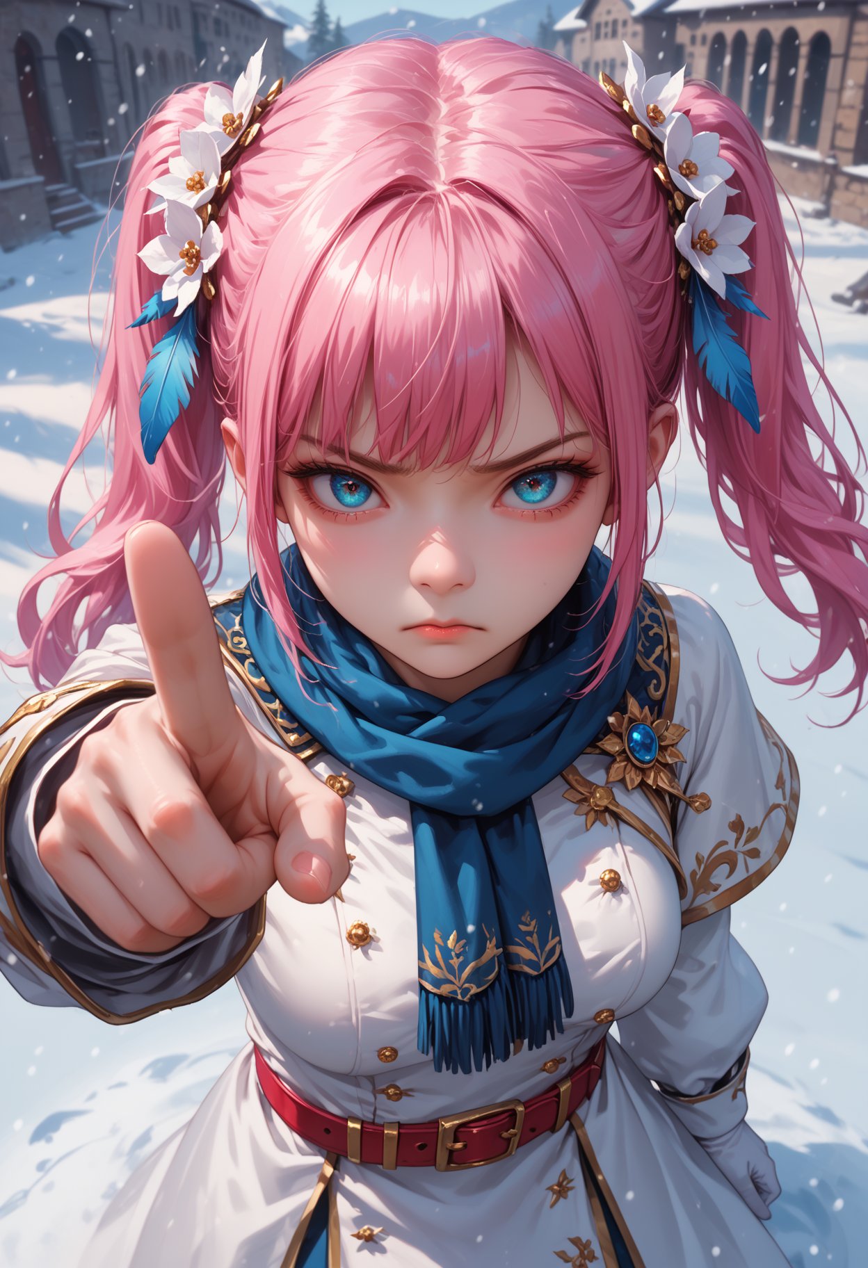 1girl,solo,pink hair,twintails,hair ornament,hair flower,white robes,long sleeves,gold trim,feather trim,white gloves,red belt,blue scarf,breasts,winter,snow,blue sky,looking at you,annoyed,from above,pointing at you,, cinematic film still,score_9,score_8_up,score_7_up,masterpiece,best quality,8k,source_cartoon,source_anime,