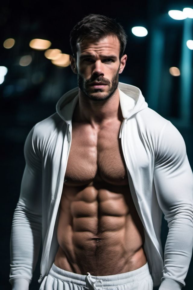 Charlie Weber a man ,  realistic photo in a worn ((skin-revealing skimpy erotic white tracksuit,  massive hairy pecs)) by...