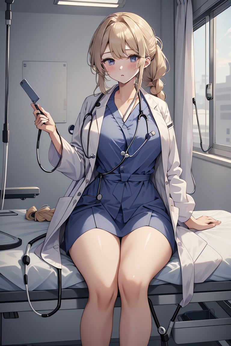 masterpiece, best quality,lower_body, operating table,medical monitors,hospital bed,  <lora:0- CL - Doctor Uniform V2:0.8> (doctor_uniform, labcoat, stethoscope, doctor,blue_uniform,blue_labcoat),  <lora: Mari Yuzuki:0.7> (mari yuzuki, 3dcg_15, 1girl, long_hair, bangs, blush, blonde_hair, large breasts, grey_eyes, single braid, very long hair, braided ponytail),