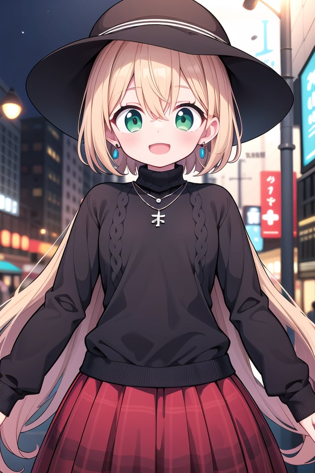 insanely detailed, absurdres, ultra-highres, ultra-detailed, best quality,1girl, solo, nice hands, perfect handsBREAK(black theme:1.4), (fit body:1.3), (tight long sleeve and turtleneck (black sweater):1.4), (black heeled boots with lace-up:1.1),BREAK(black and red theme:1.3), ((red) high-waisted ((maxi length skirt, very long A line skirt):1.2) with [plaid pattern]:1.4), ((black) bucket hat with wide brim:1.4),BREAK((earrings, necklace):1.2),(naked skin:-1), (mini skirt:-1), (legs:-1), (straw hat:-1), (red hat:-1), (green hat:-1), (white sweater:-1), (slit:-1), (belt:-1), (multiple necklaces:-1), (navel:-1), (waist:-1), (cleavage:-1.5)BREAKhappy smile, laugh, open mouthBREAK(45 angle:-1.5), (from side:-1.5),standing, cowboy shot, looking at viewerBREAKslender, kawaii, perfect symmetrical face, ultra cute girl, ultra cute face, ultra detailed eyes, ultra detailed hair, ultra cute, ultra beautifulBREAKin street, cityscape in tokyo, depth of field, ultra detailed backgroundBREAKmedium large breastsBREAK(orange hair, green eyes), short hair, hair between eyes