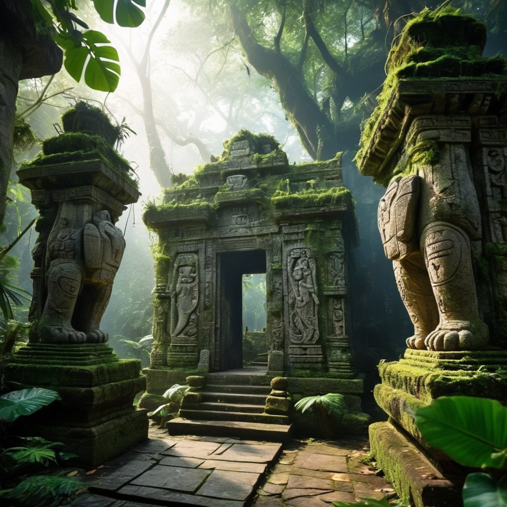 A mystical temple in a dense jungle, overgrown with vines and moss. Ancient stone statues of mythical creatures guard the entrance, and the air is thick with the sounds of exotic birds and insects. Inside, an altar glows with an otherworldly light, illuminating intricate carvings on the walls that tell the story of an ancient civilization.