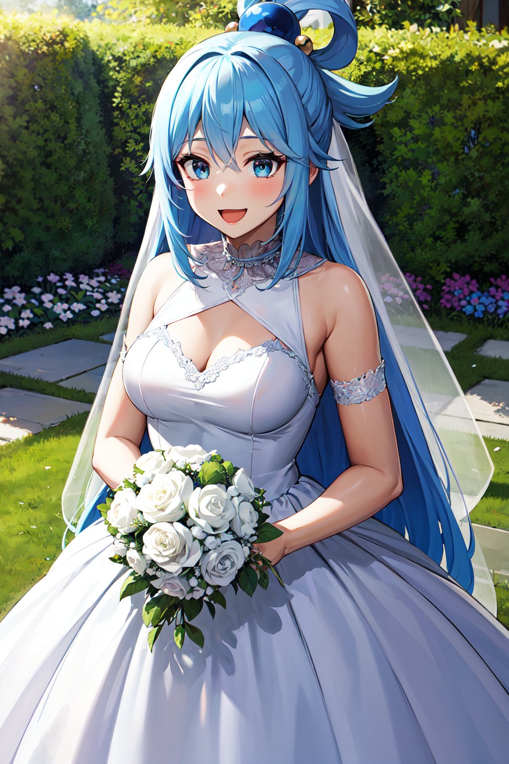 masterpiece, best quality, highres, aaaqua, long hair, blue hair, hair rings, hair ornament, <lora:aqua_(konosuba)_v1:0.7>, wedding dress, white dress, garden, smile, holding bouquet, open mouth, 