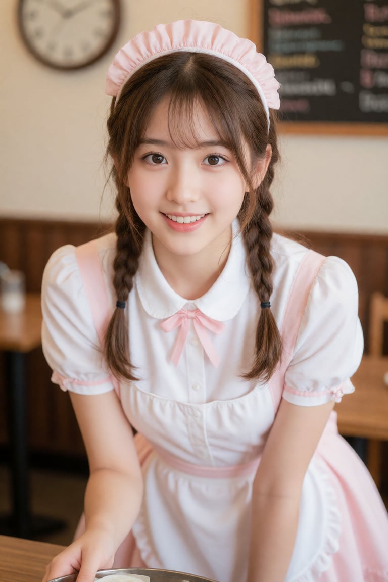 A medium close-up shot of a young East Asian woman dressed in a charming,  pastel-themed maid outfit. She has a slender bu...