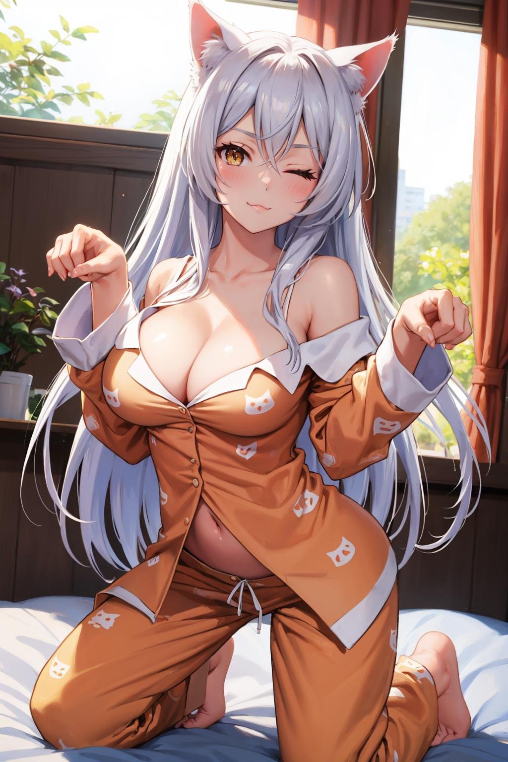 masterpiece, best quality, <lora:blkhanekawa-nvwls-v1-000009:0.9> blkhanekawa, very long hair, cat ears, slit pupils, orange pajamas, off-shoulder, cleavage, cat print, large breasts, paw pose, :3, wink, one eye closed, one eye open, looking at viewer, bed, upper body, kneeling