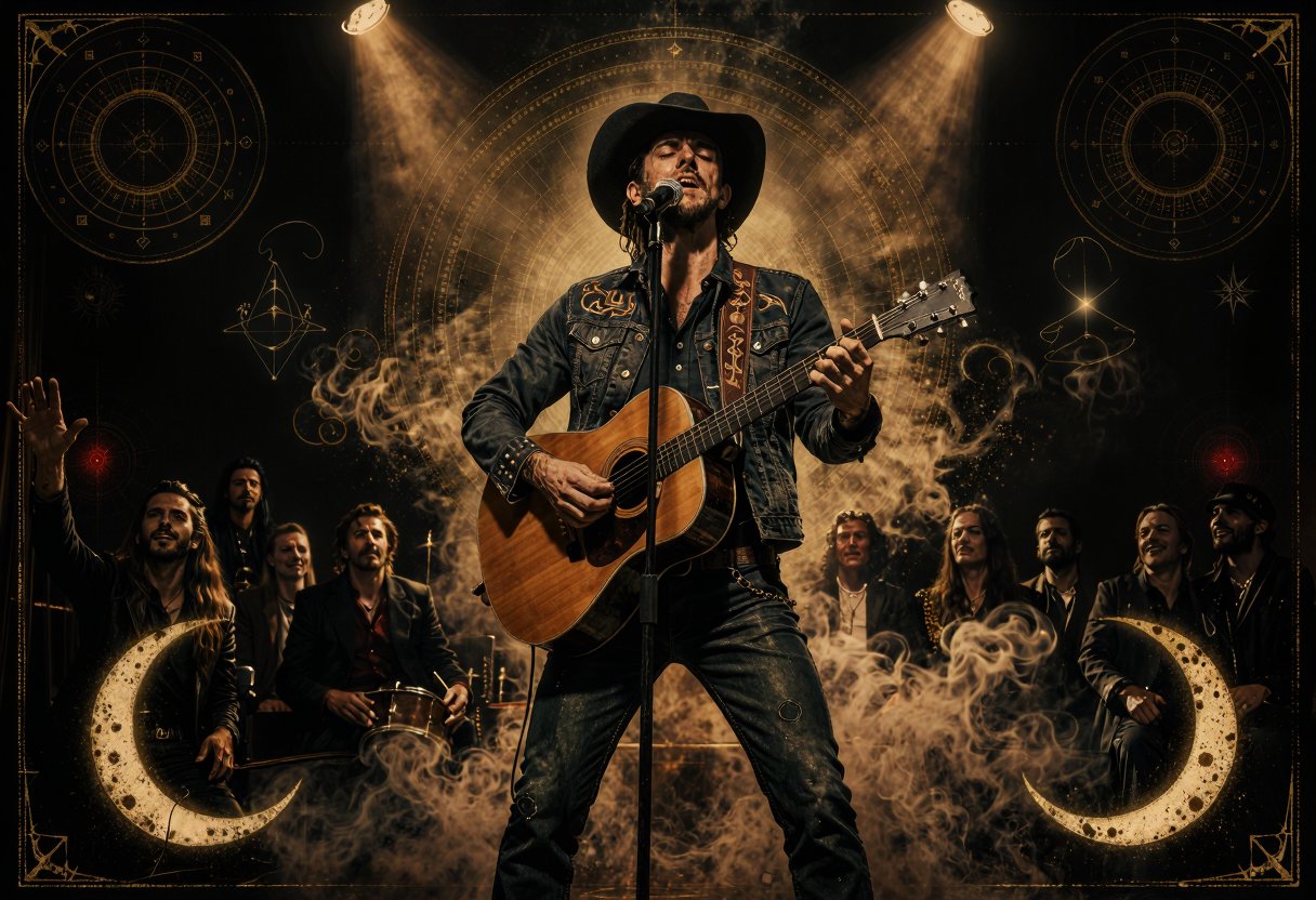 occult,  rockabilly_morph,  A charismatic western singer performing live on stage by inknoir on Tensor.Art