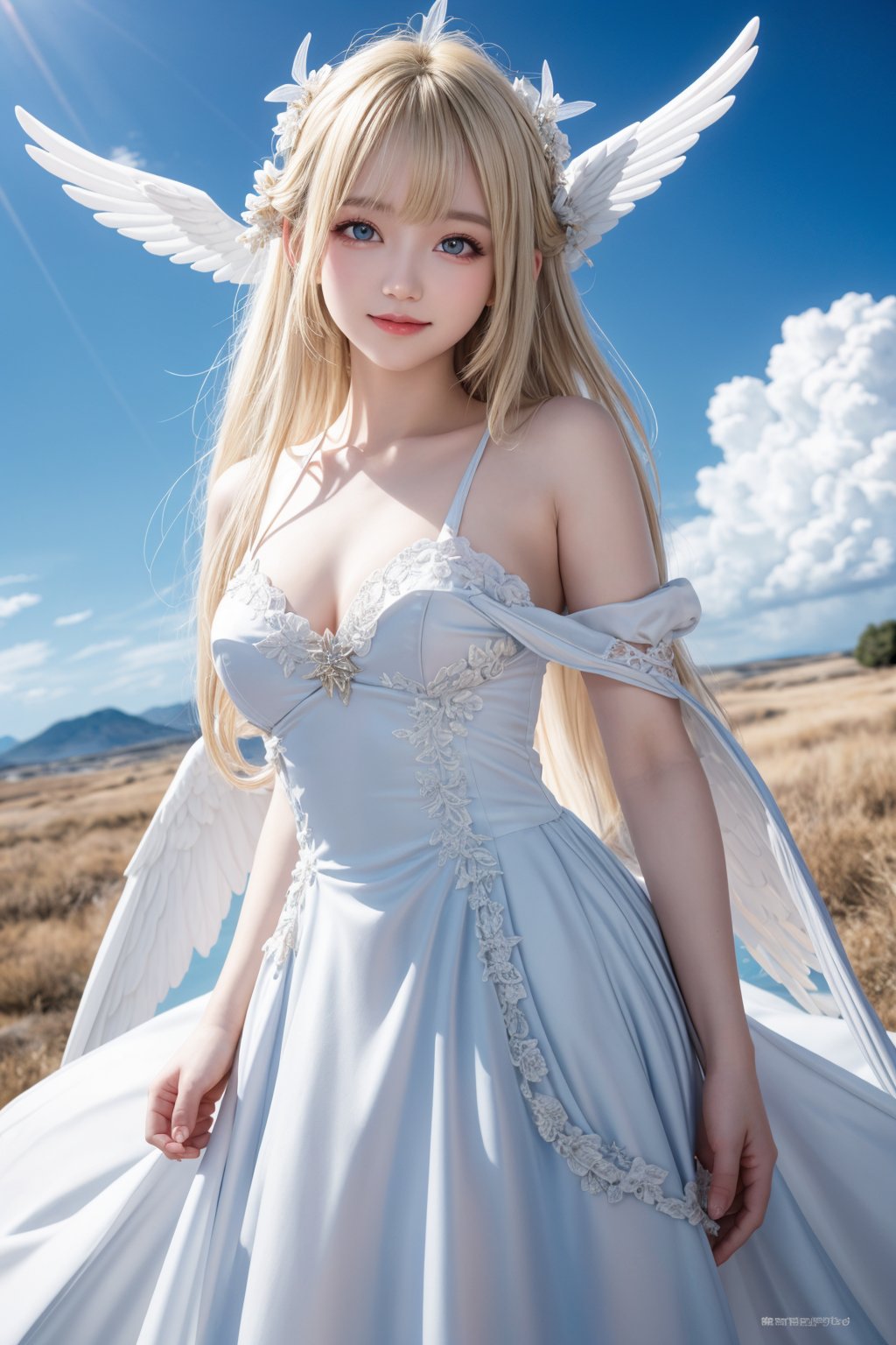 3D,masterpiece,best quality,1girl,dress,halo,cloudy blue sky,angelic wings,blonde hair,long hair,red eyes,smile,looking at viewer,closed mouth,