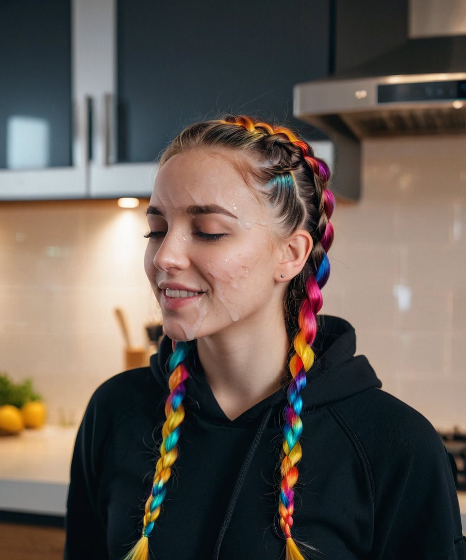 cinematic photo a 21yo woman, wearing a black hoodie,tiny tits,Rainbow French Braid hair, closed eyes, open mouth, standing In the Kitchen, ((head thrown in back)) . 35mm photograph, film, bokeh, professional, 4k, highly detailed