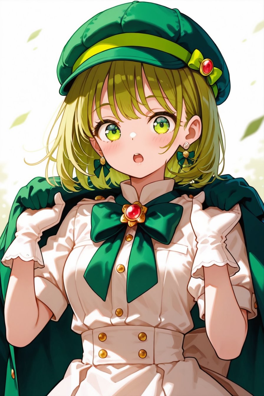 1girl bow earrings gloves green_bow green_eyes green_hair green_hat hat highres holding jacket jewelry open_mouth original...