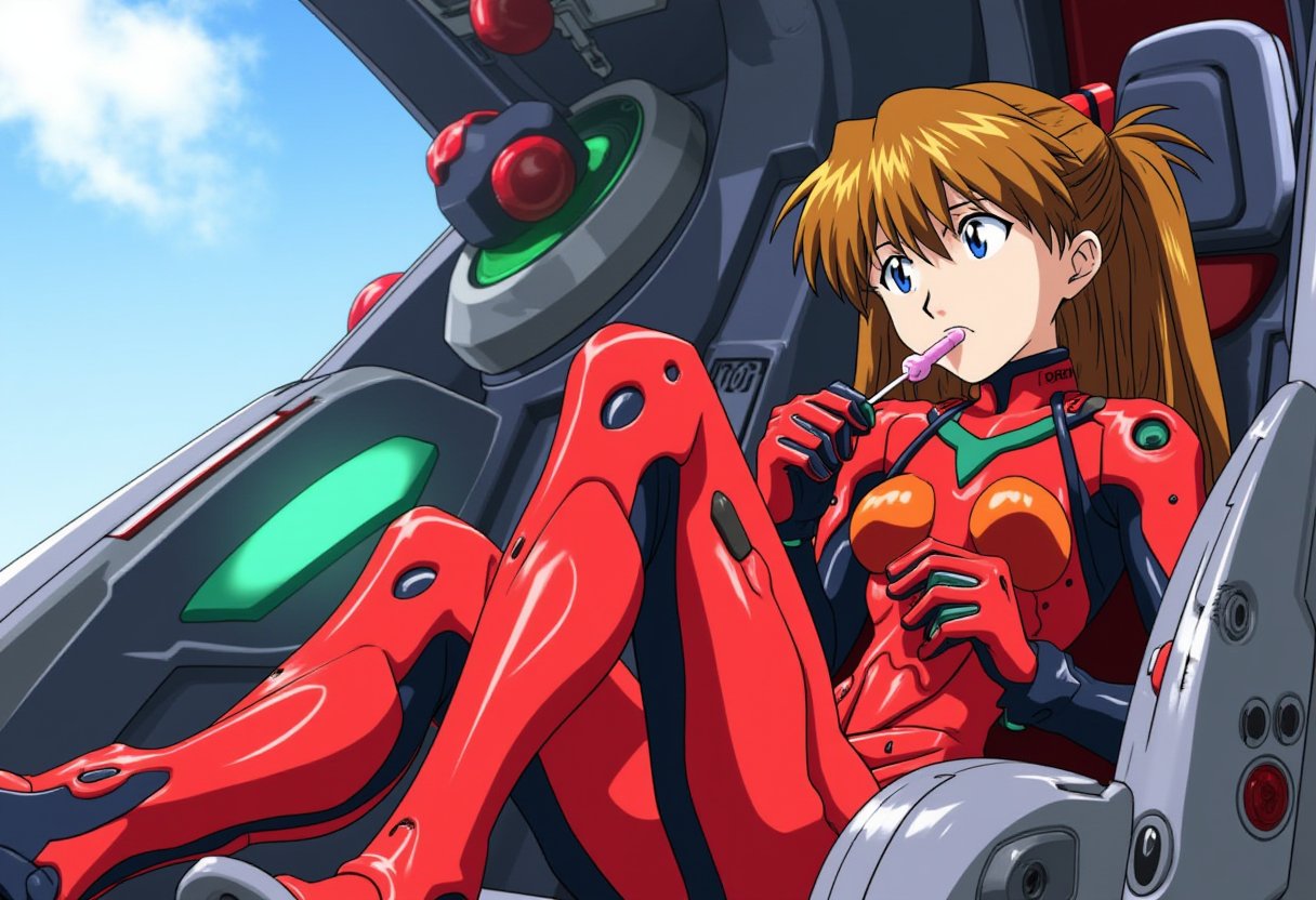 A detailed solo portrait of ppasuka. She has chestnut brown  hair.ppasuka in red plug suit. She sits in a futuristic cockpit of an EVA robot, one leg over another. She is eating a lollipop.anime still, highly detailed. No flat color, no hand drawn, no fan art.anime. <lora:Asuka_Langley_flux_prototype_v2-000010:1>