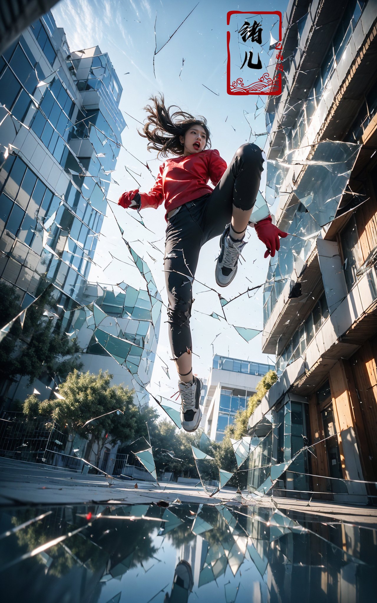 jumping，midair, (1girl, solo:1.2), open mouth, outdoors, building, (broken glass:1.5), shoes, (red gloves:1.3),Glow, reflective glass, light pollution，<lora:绪儿-跳跃构图 jumping:0.8>