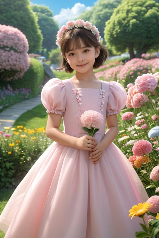 xiaolongmao,1girl,solo,looking at viewer,smile,short hair,brown hair,dress,holding,standing,flower,short sleeves,outdoors,sky,day,puffy sleeves,puffy short sleeves,pink dress,realistic,holding flower,field, <lora:xiaolongmao:0.6>,masterpiece,high quality,cinematic quality