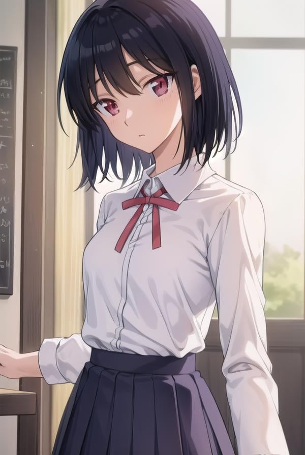 yakumotsukamoto, <lora:yakumo tsukamoto s2-lora-nochekaiser:1>,yakumo tsukamoto, short hair, black hair, (red eyes:1.3),BREAK skirt, shirt, long sleeves, bow, ribbon, school uniform, white shirt, pleated skirt, collared shirt, bowtie, red ribbon, neck ribbon, red skirt,BREAK indoors, classroom,BREAK looking at viewer, (cowboy shot:1.5),BREAK <lyco:GoodHands-beta2:1>, (masterpiece:1.2), best quality, high resolution, unity 8k wallpaper, (illustration:0.8), (beautiful detailed eyes:1.6), extremely detailed face, perfect lighting, extremely detailed CG, (perfect hands, perfect anatomy),