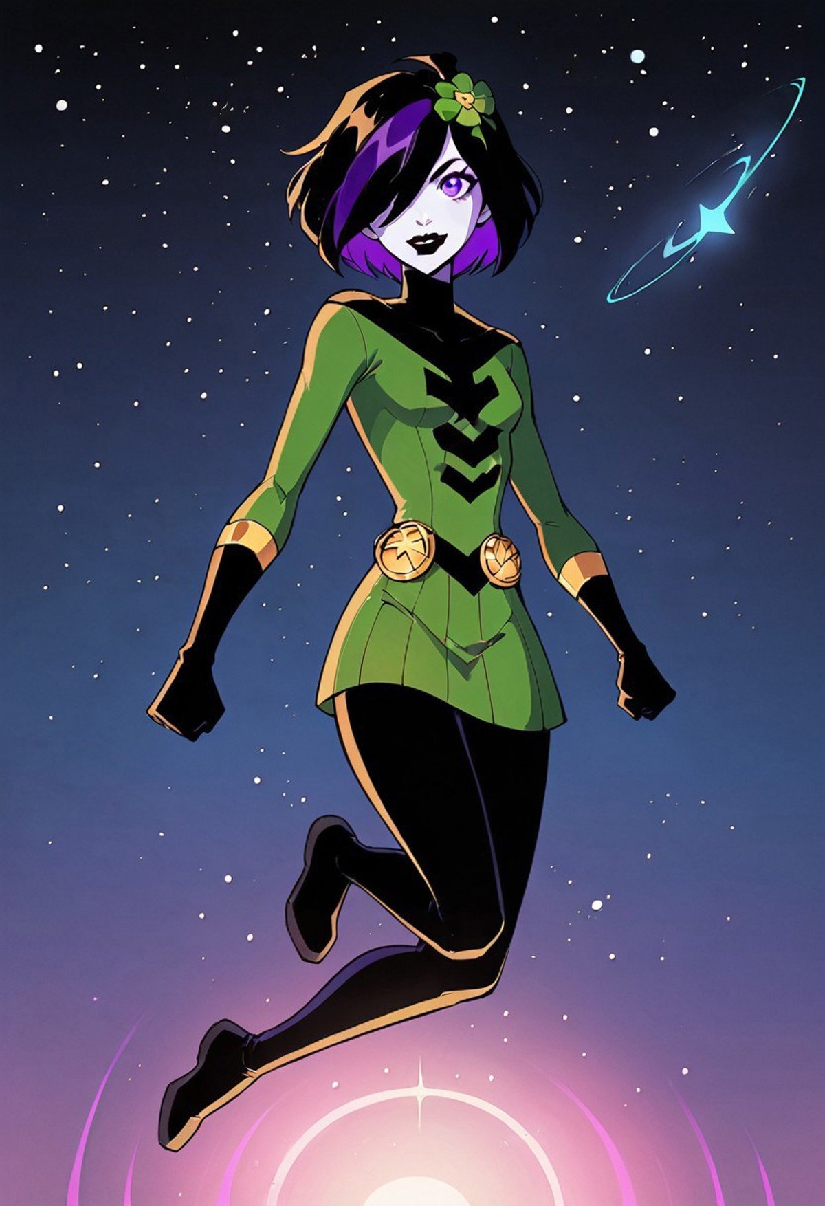 1girl, score_9, score_8_up, score_7_up, western cartoon, black belt, black lipstick, black gloves, purple eyes, black hair, dark purple streak in hair, hair cover one eye, medium bob, white skin, black leggings, black belt, gold circle on belt, green flower in hair, bright green dress, skintight dress, long sleeves, bright green sleeves, gold trim on gloves, black turtleneck, black top of dress, flying, flying to side, clenched fist, one arm extended forward, one leg tucked, facing forward, looking at viewer, smile, masterpiece, high quality, skinny, small breasts, full body, petite, short height, short dress, outer space, stars and planet in background, cute face, young, small bust, skinny, neon lighting, very detailed, depth of field, cinematic illumination, volumetric lighting, full color picture, vibrant colors, size difference, small woman, superman flying pose, purple neon aura, 