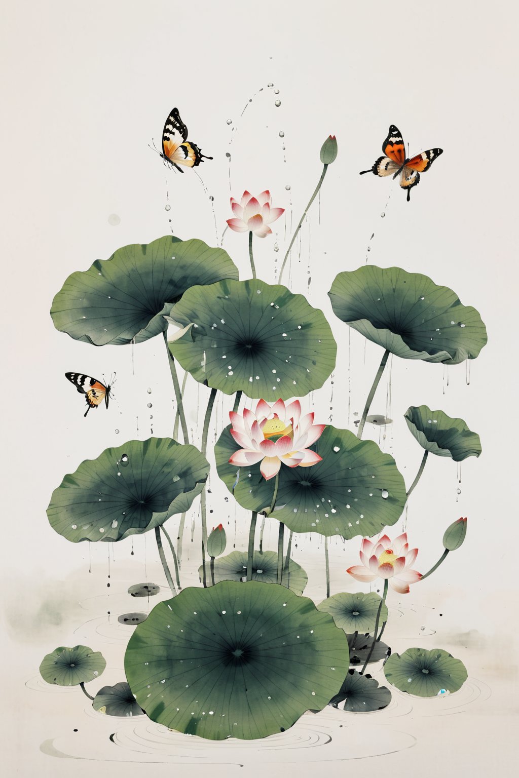 Best quality,8k,cg,falls,Rain,raindrops,Chinese ancientpaintings,traditional chinese ink painting,butterfly,lotus,chinese meticulous ink,illustration,white background,centered,completed,<lora:工笔水墨:0.8>,