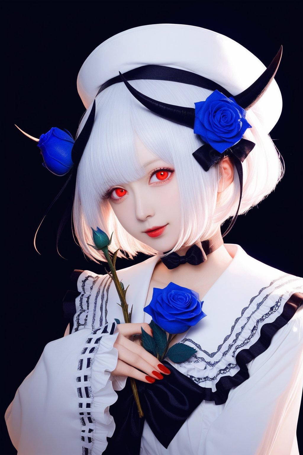 1girl, solo, bug, red eyes, butterfly, hat, blue flower, flower, holding flower, hat bow, rose, wings, smile, blue rose, bow, holding, horns, long sleeves, blood, moon, black bow, looking at viewer, white hair, short hair, choker, frills, white headwear, sailor collar, cowboy shot, signature, wide sleeves, dress, artist name, :d, head tilt, frilled shirt collar, nail polish, bangs, white shirt, red nails, open mouth