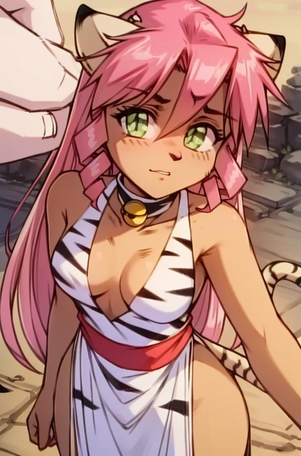 1girl, PinkCzar, ((white tiger ears), (white tiger tail), long hair, pink hair, sidelocks, green eyes, small breasts, choker, bell), (tiger print, slit dress, red sash), (masterpiece:1.2), hires, (detailed face:1.2), (detailed eyes:1.2), ultra-high resolution, 8K, high quality, (sharp focus:1.2), clean, crisp, cinematic, <lora:Pink-18:1>