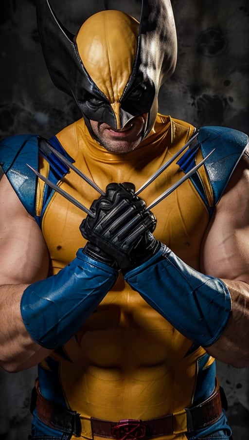 a man in a wolverine costume is posing for a picture with his claws out and his hands out,, Adam Rex, marvel comics, a character portrait, plasticien <lora:WOLVERINE:0.8>