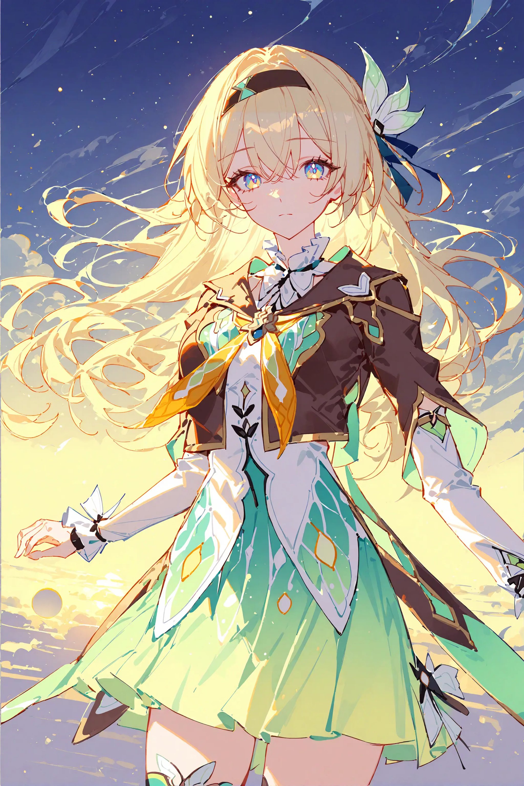 masterpiece, best quality, very aesthetic, ray tracing, newest,(hitenkei, askzy:0.5), 1girl, firefly \(honkai: star rail\), solo, black thighhighs, hairband, gradient skirt, hair ornament, blouse, long sleeves, frilled collar, cropped jacket, yellow neckerchief, flying, midair, cowboy shot, expressionless, looking at viewer, night, floating hair, planet, dreaming, cloud, backlighting, depth of field <lora:Char-HonkaiSR-Firefly-XL-V2:0.9>