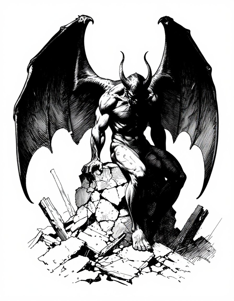 z_frazetta_ink,  winged demon perched on a ruin,  looking down by inknoir on Tensor.Art