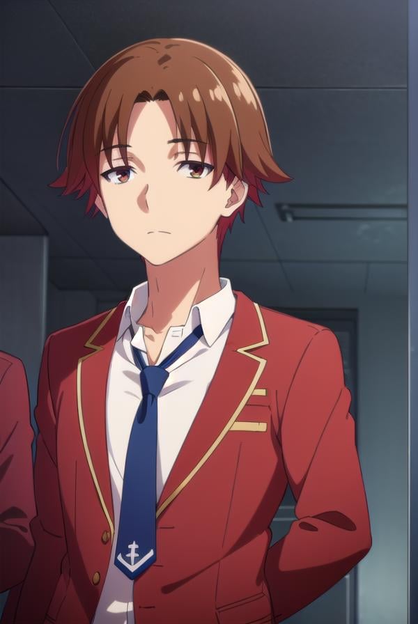 kiyotakaayanokouji, <lora:kiyotaka ayanokouji s2-lora-nochekaiser:1>,kiyotaka ayanokouji, brown hair, (brown eyes:1.5), male focus, (parted bangs:1.5), short hair,BREAK school uniform, jacket, necktie, blazer, blue necktie, shirt, white shirt, collared shirt, (red blazer:1.5),BREAK indoors, classroom,BREAK looking at viewer, (cowboy shot:1.5),BREAK <lyco:GoodHands-beta2:1>, (masterpiece:1.2), best quality, high resolution, unity 8k wallpaper, (illustration:0.8), (beautiful detailed eyes:1.6), extremely detailed face, perfect lighting, extremely detailed CG, (perfect hands, perfect anatomy),