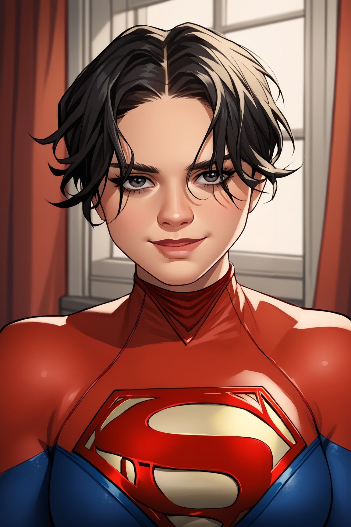 score_9, score_8_up, score_7_up, score_6_up, source_anime, BREAK, SupergirlTFXL, black eyes, black hair, short hair, curtain hair, medium breasts, superhero, red cape, bodysuit, red bodysuit, blue bodysuit, solo, front view, (portrait, upper body), solo focus, seductive smile, looking at viewer, indoors <lora:SupergirlTFXL:1>