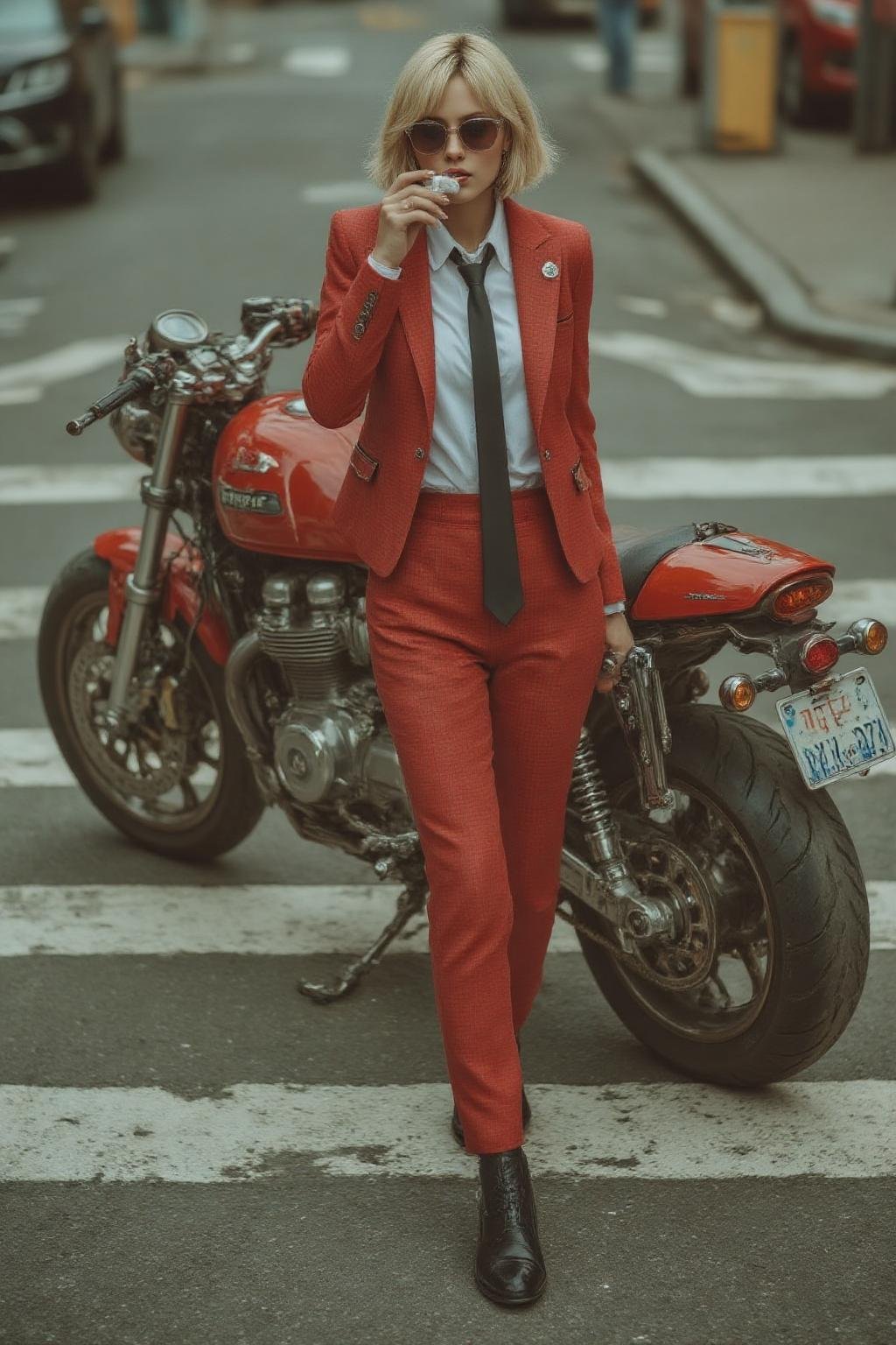 midjourney photograph.Overhead shot of a Blonde woman walking away from a futuristic motorcycle parked at a zebra crossing...