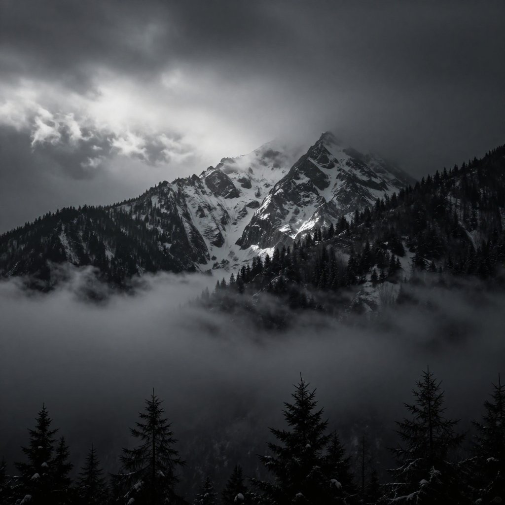 Dark Moody Atmosphere,  Photorealistic:1 Dark Chiaroscuro Lighting Style cinematic film style a mountain covered in snow a...