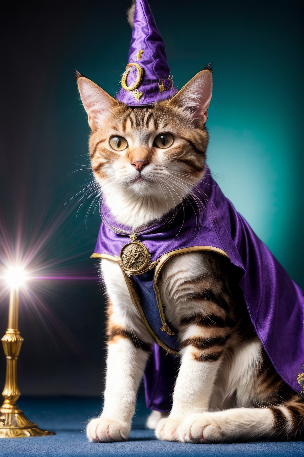 a cat, ((wizard outfit)), epic scene, dynamic camera, backlight, (close up:1.2), high quality photography, 3 point lighting, flash with softbox, 4k, Canon EOS R3, hdr, smooth, sharp focus, high resolution, award winning photo, 80mm, f2.8, bokeh  <lora:add_detail:0.6>