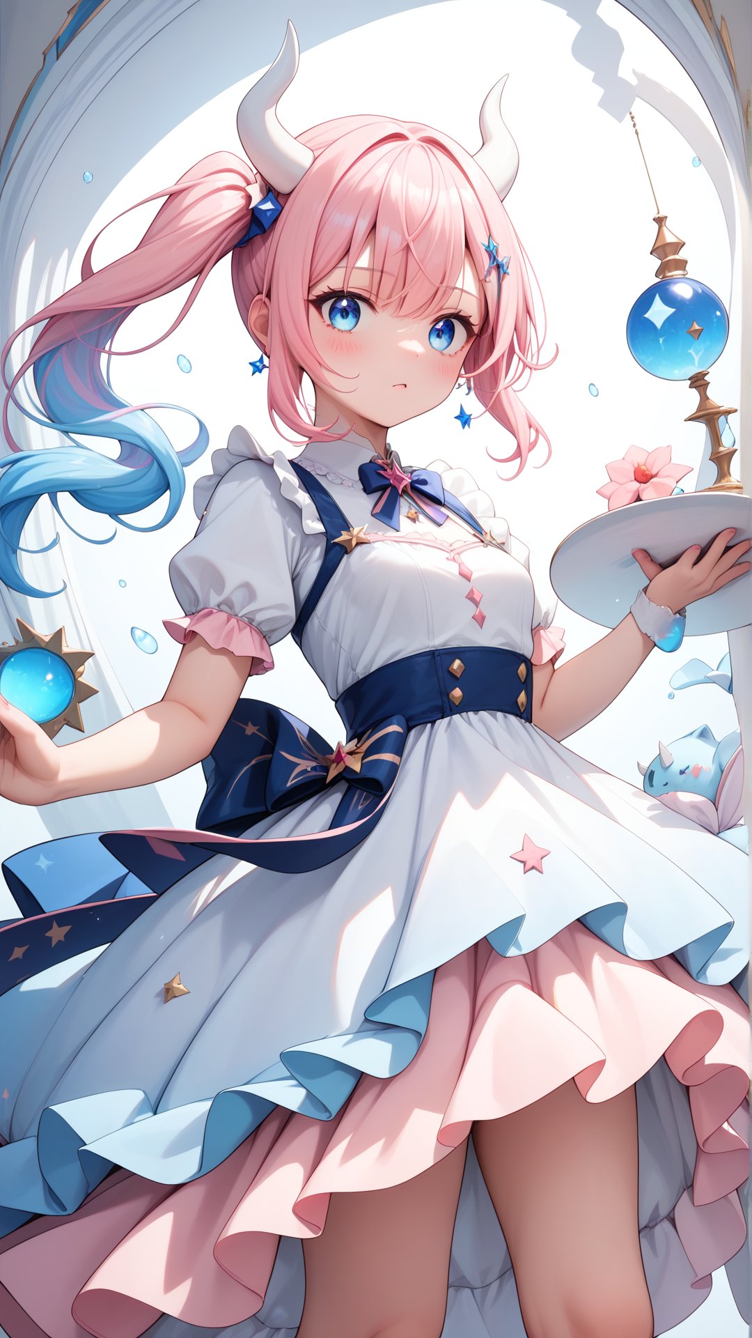 Score_9, score_8_up, score_7_up, masterpiece, best quality, 1girl, (Pink hair:1.1), blue eyes, Gradient hair, White horns, (light blue hair tips:0.9), Side ponytail, (small breasts:0.9), <lora:yuta-chernobaeva-pxl:0.7>, yuta-chernobaeva-pxl, Dress