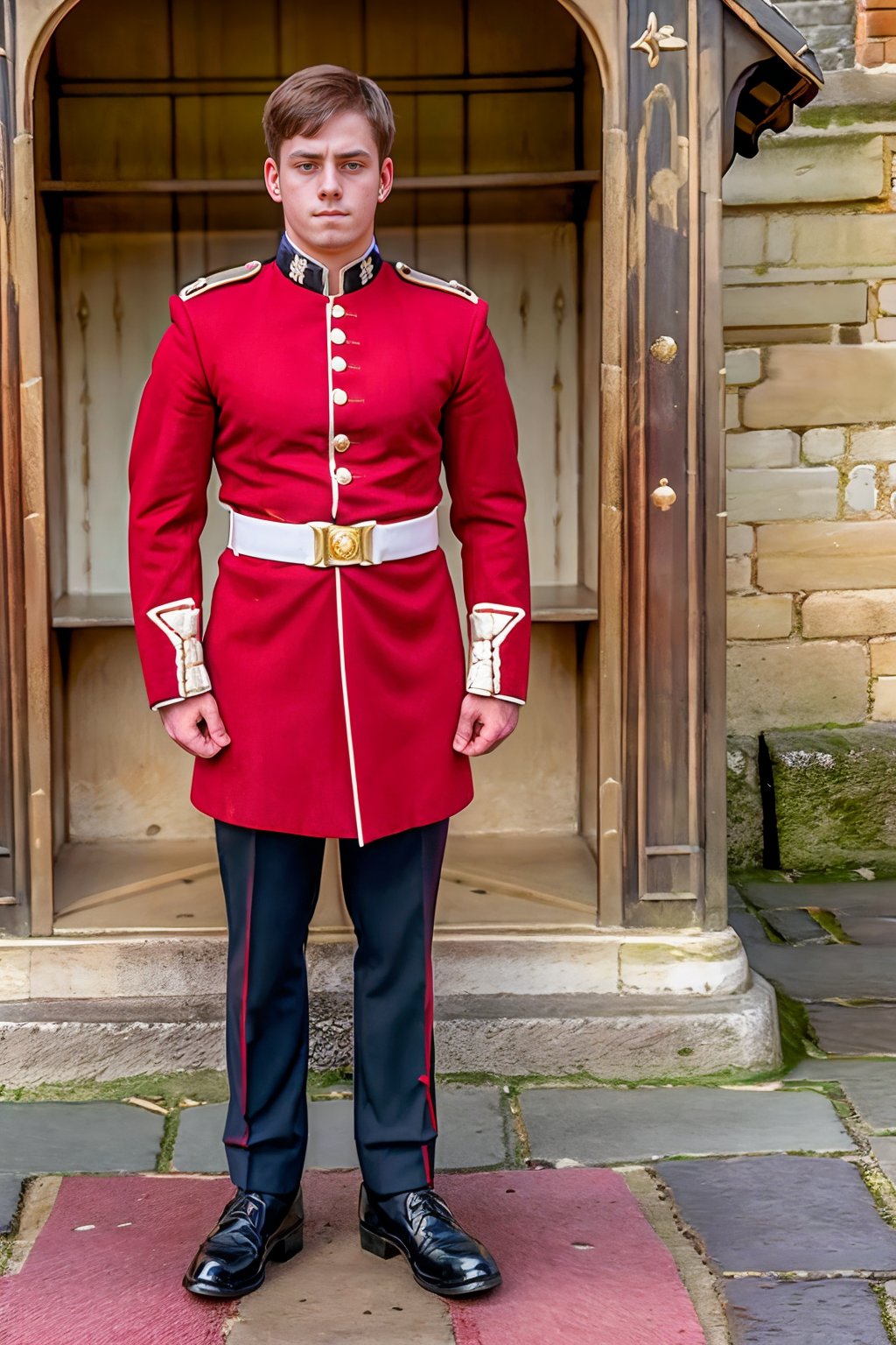 Windsor Castle in the background,  standing next to a guard house,  DeletablePurple wearing (kg_uniform) by txhorn75 on Te...